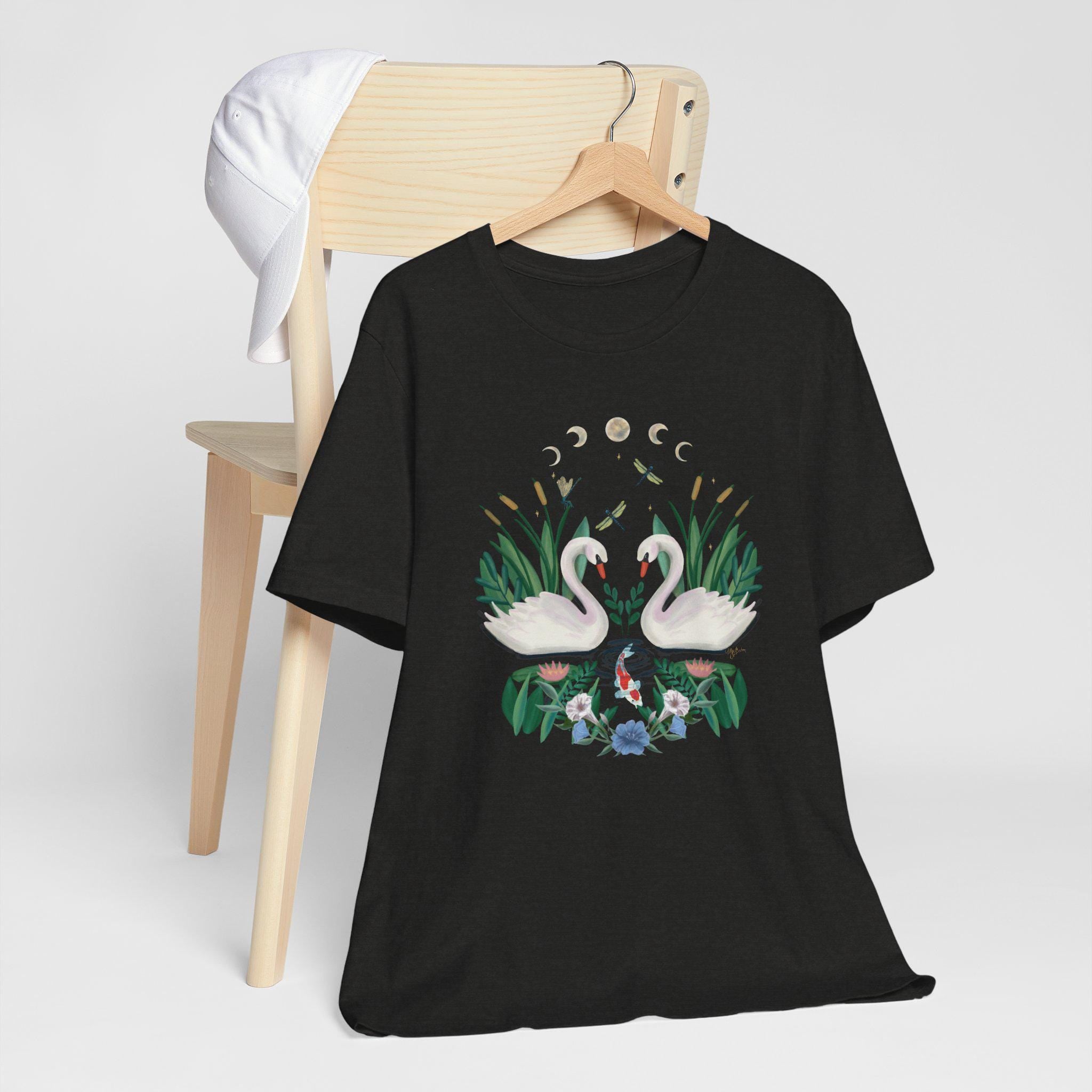 Swan Graphic Tee - Floral Moon Design, Nature Lover Unisex Shirt