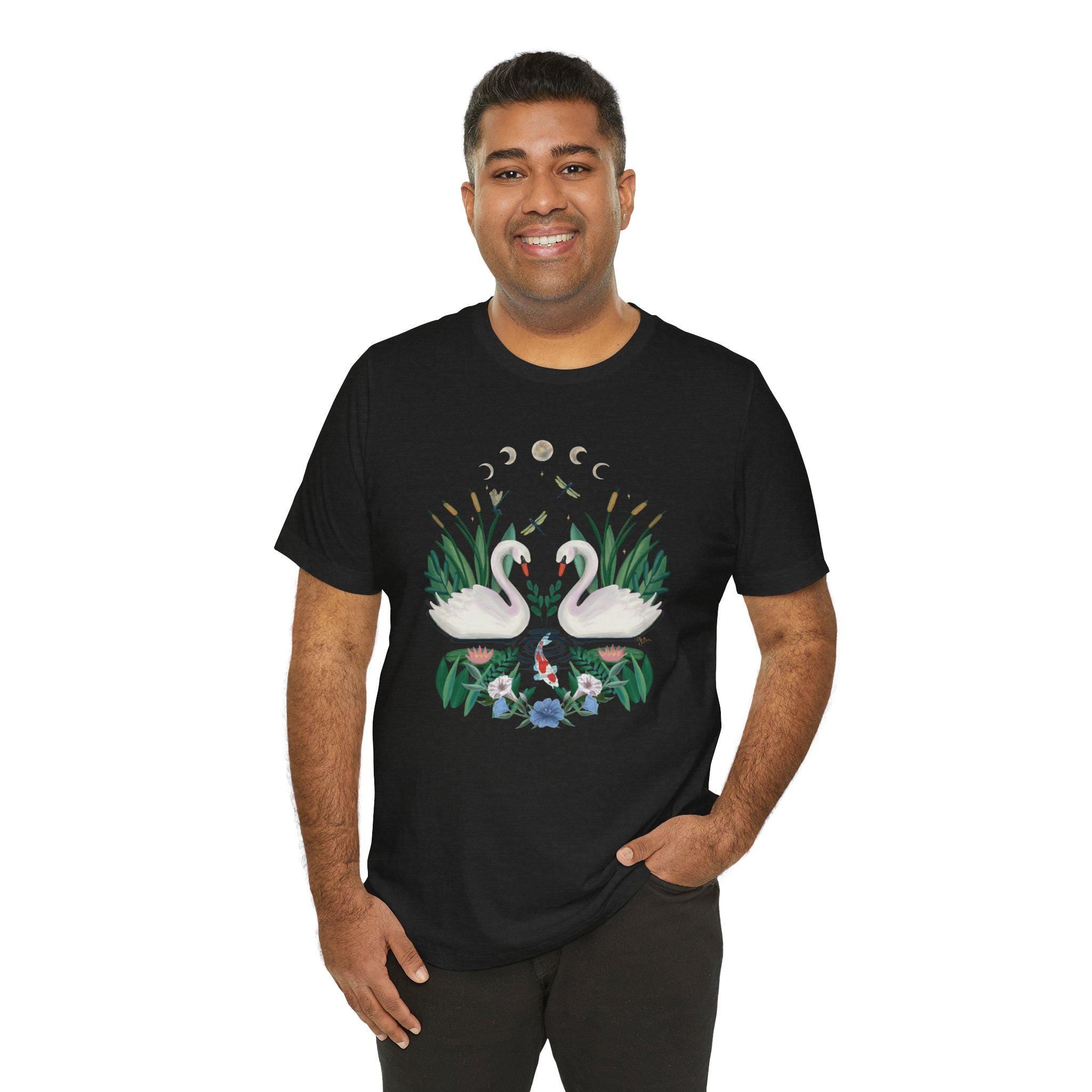 Swan Graphic Tee - Floral Moon Design, Nature Lover Unisex Shirt
