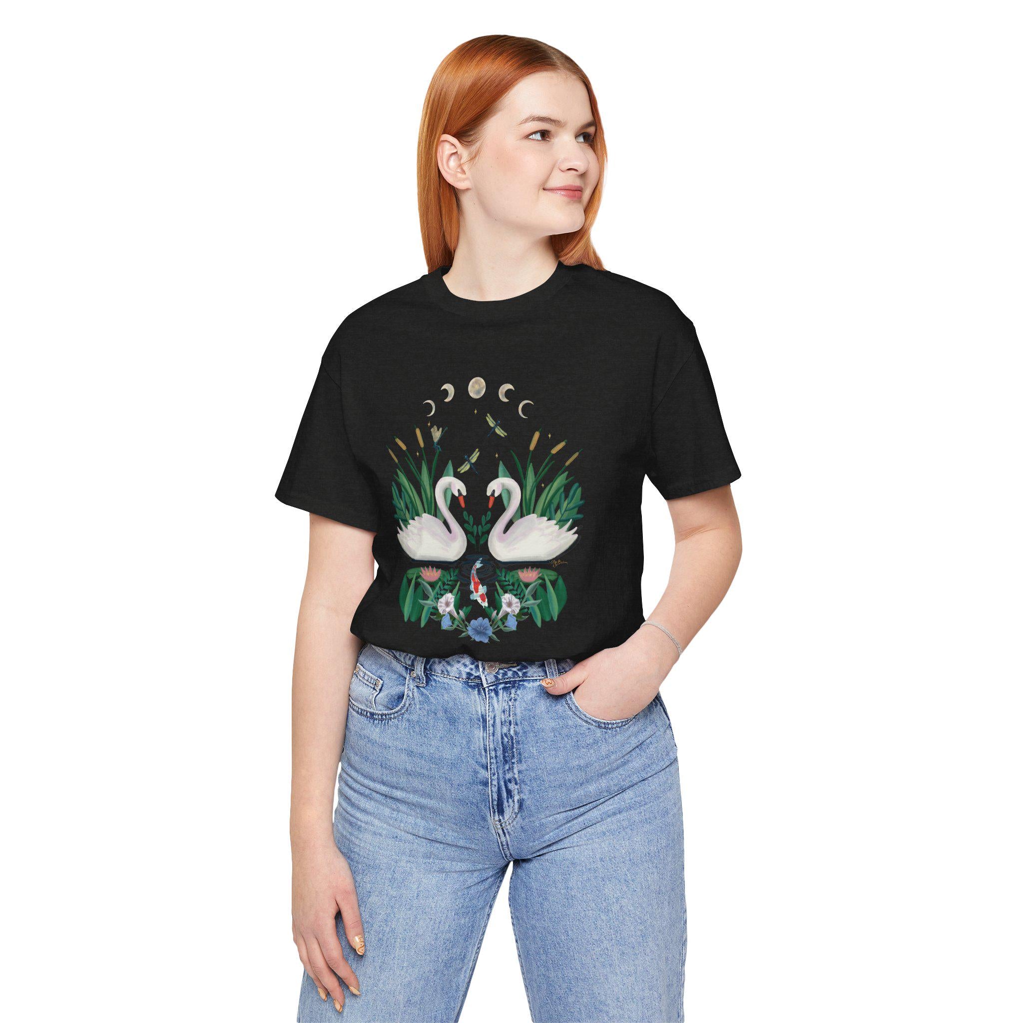 Swan Graphic Tee - Floral Moon Design, Nature Lover Unisex Shirt