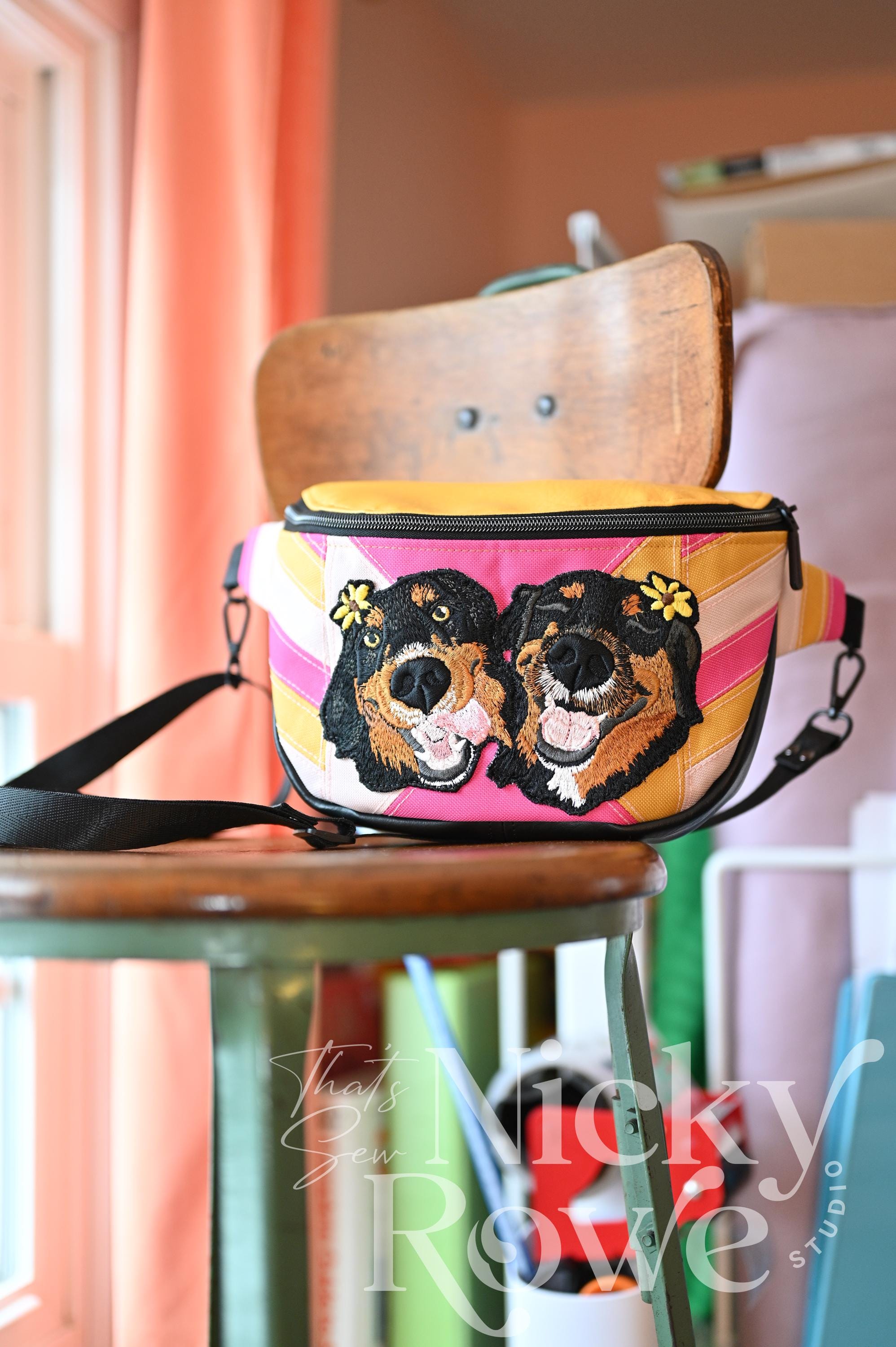 Custom Pet Portrait Crossbody Bag – Embroidered Patchwork Canvas, Retro Colors - HANDMADE, NO AI