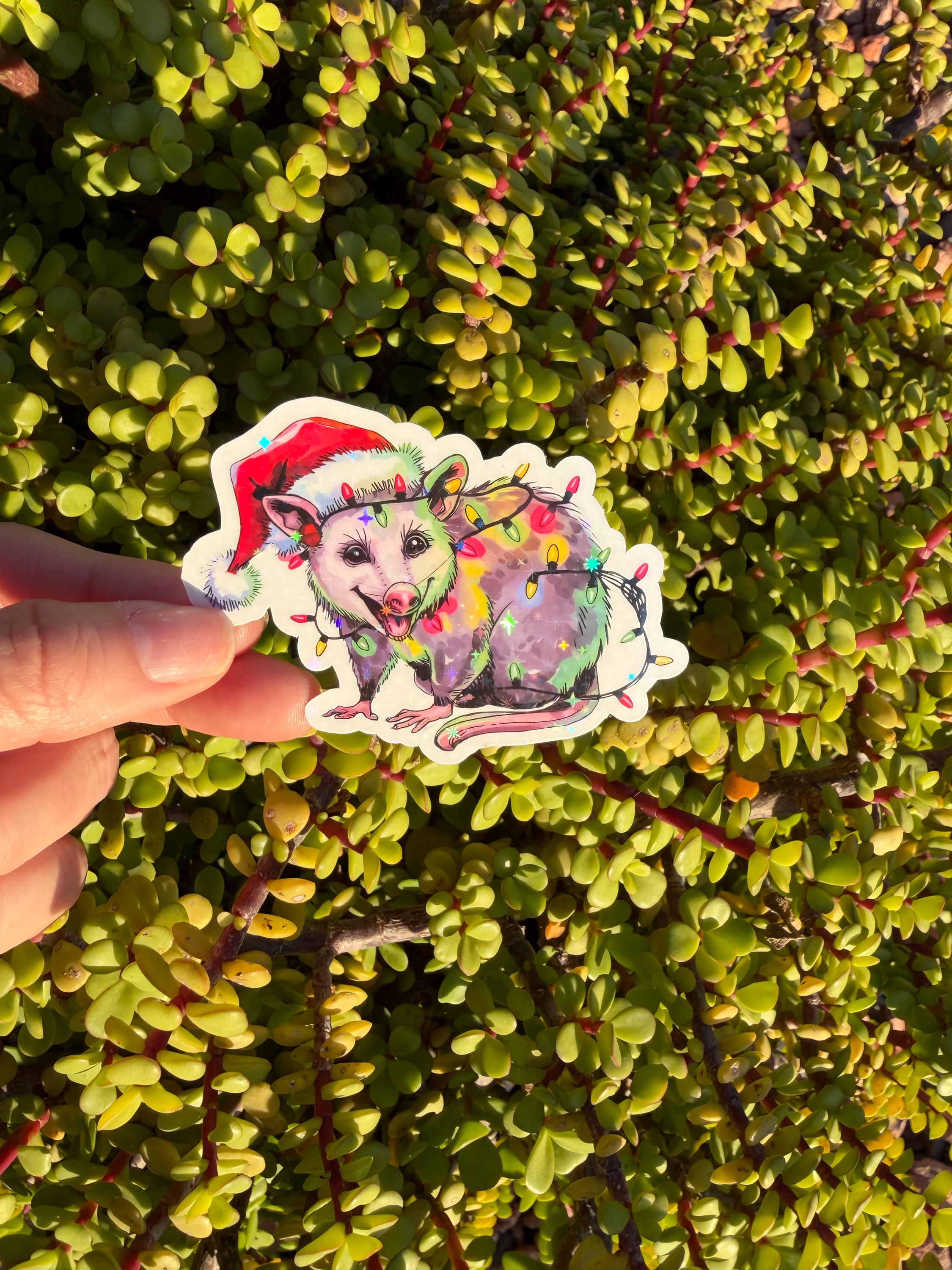 Christmas Opossum Sticker, Funny Possum Holiday Decal, Cute Trash Animal Christmas Gift, Clear or Holographic Finish