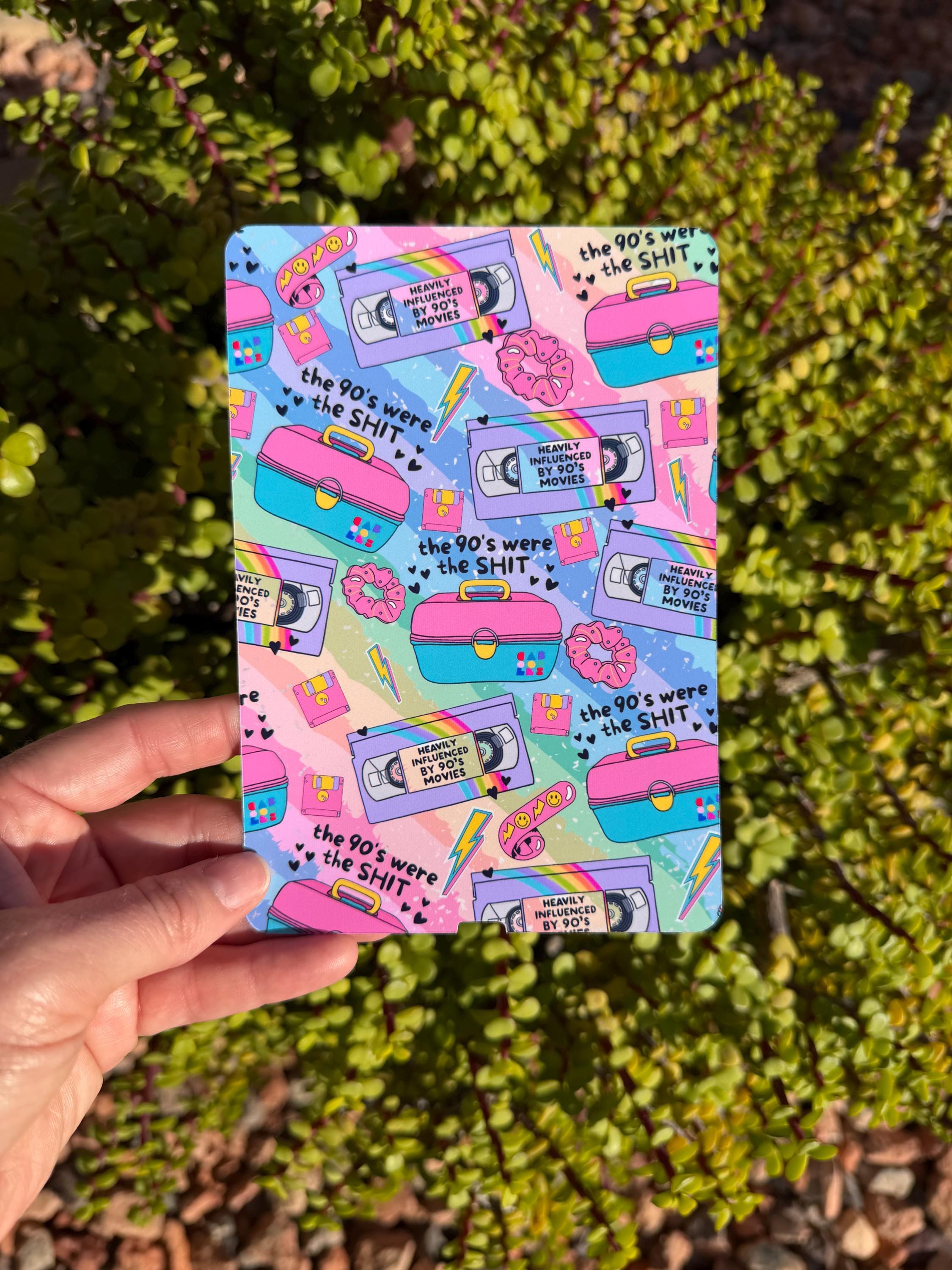 90s Y2K Kindle Insert — Pastel or Neon Pattern | VHS, Makeup Case, Scrunchies | Clear or Holographic Overlay | WaveBerry Co.