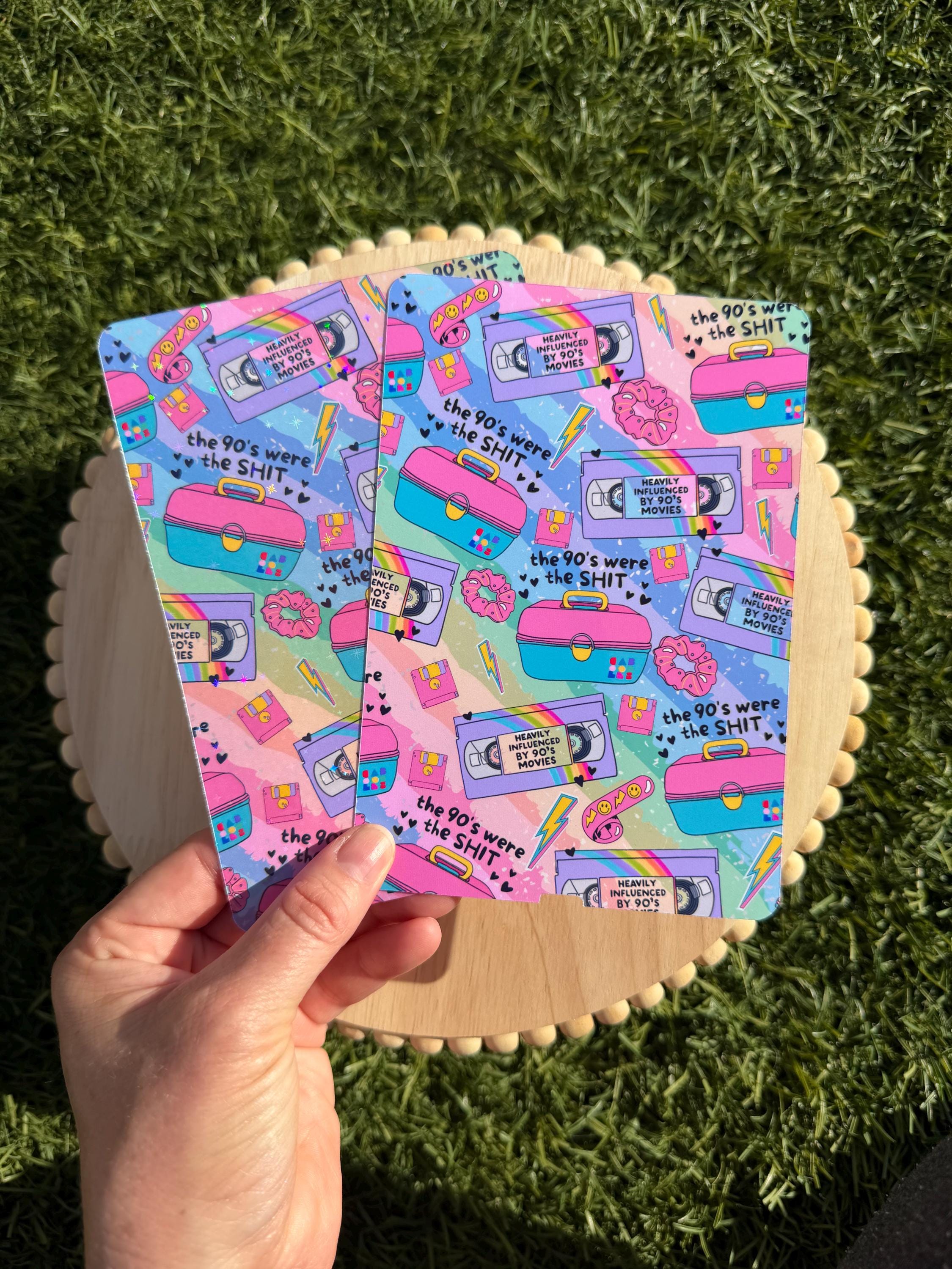 90s Y2K Kindle Insert — Pastel or Neon Pattern | VHS, Makeup Case, Scrunchies | Clear or Holographic Overlay | WaveBerry Co.