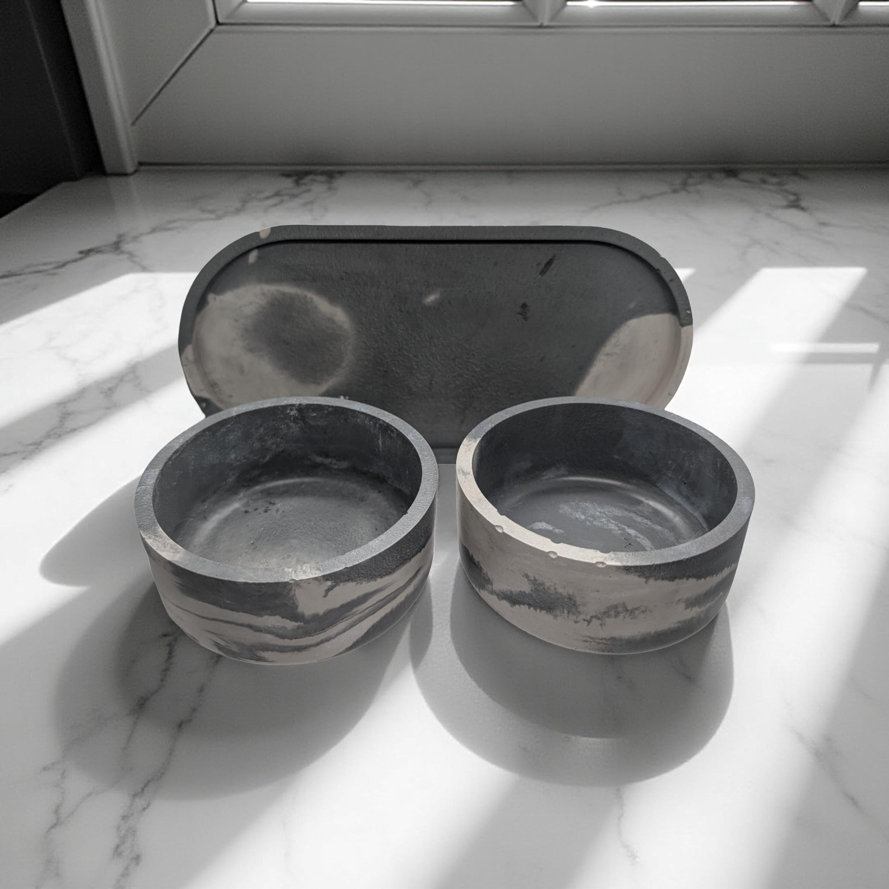 One-of-a-Kind Concrete Vanity Set | Gray Marble Tray + Bowl Duo | Modern Bathroom Storage for Q-Tips & Cotton Balls | Catchall Tray