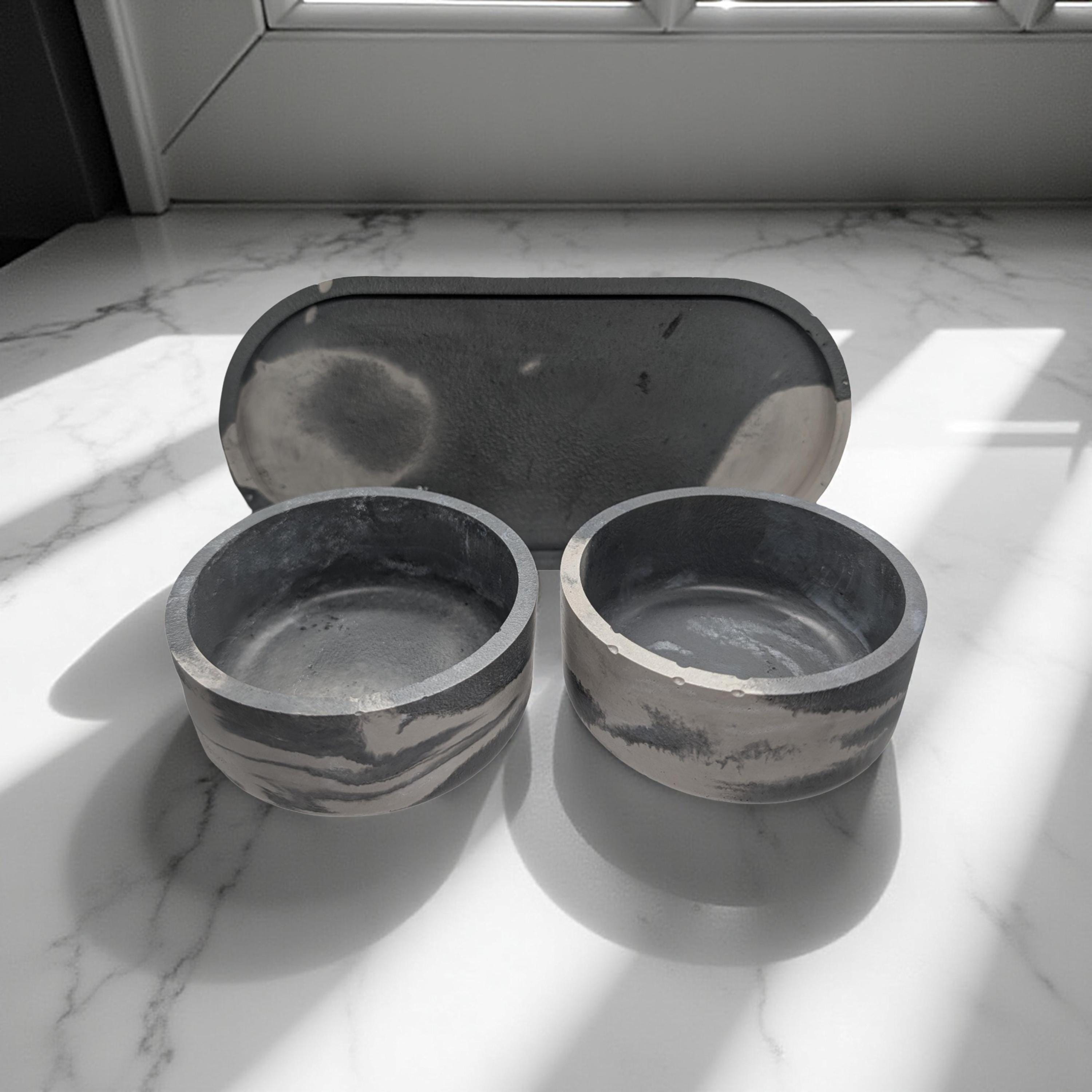 One-of-a-Kind Concrete Vanity Set | Gray Marble Tray + Bowl Duo | Modern Bathroom Storage for Q-Tips & Cotton Balls | Catchall Tray