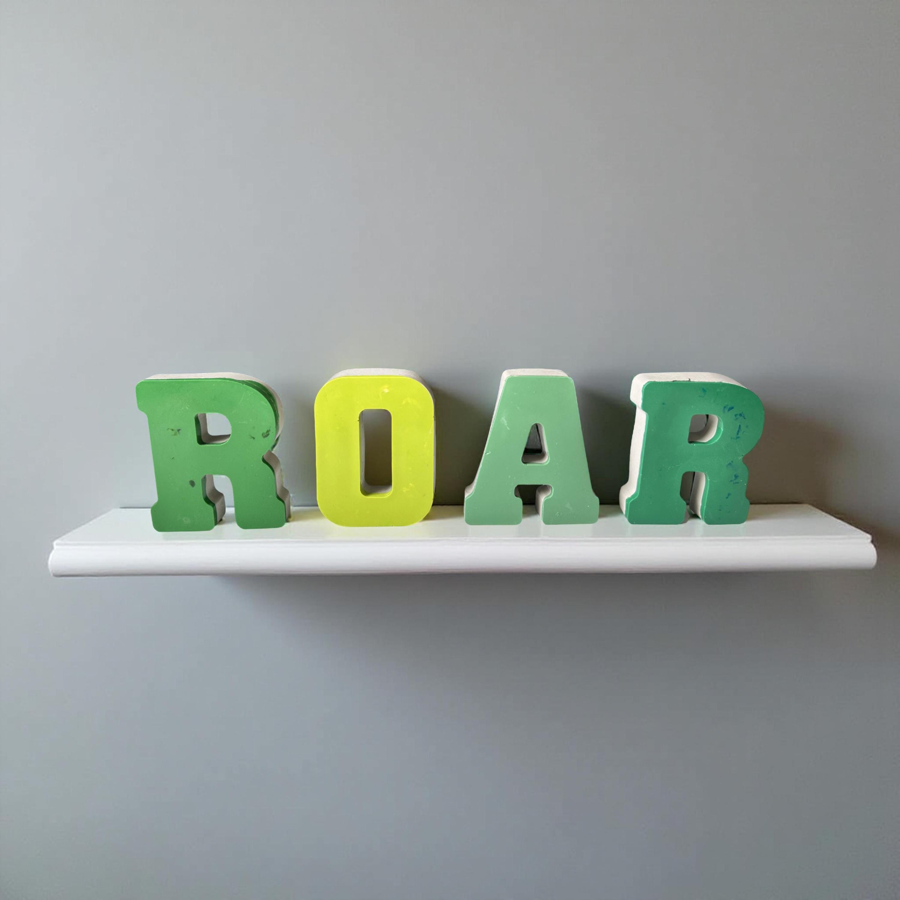 Concrete Dinosaur Decor & ROAR Letters - Unique Kids Room Shelf Decor - Modern Nursery Decorations - Crayon Finish Solid Concrete Dinos