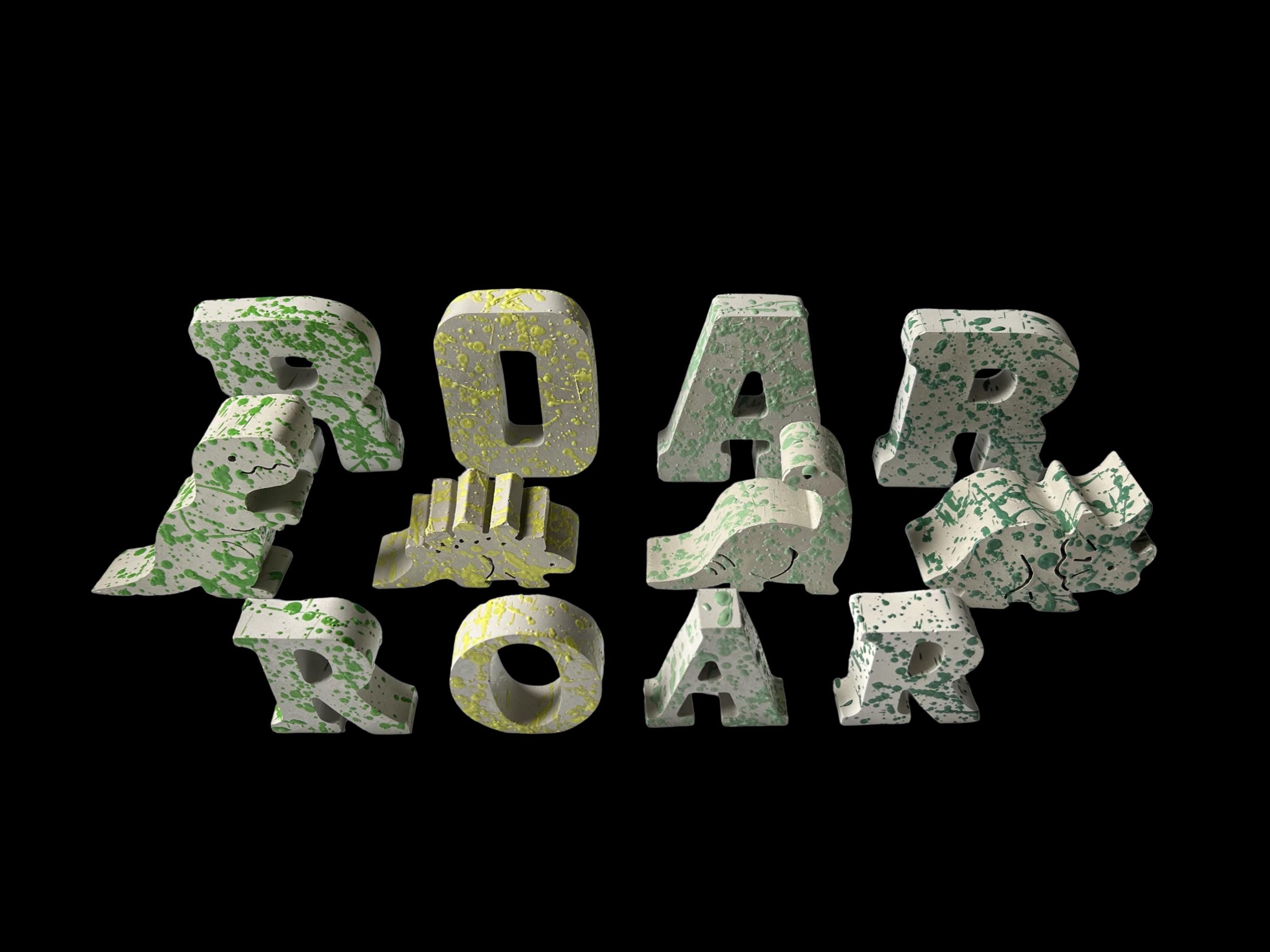 Splattered Concrete Dinosaur Decor & ROAR Letters | Unique Kids Room Shelf Decor | Modern Nursery Art