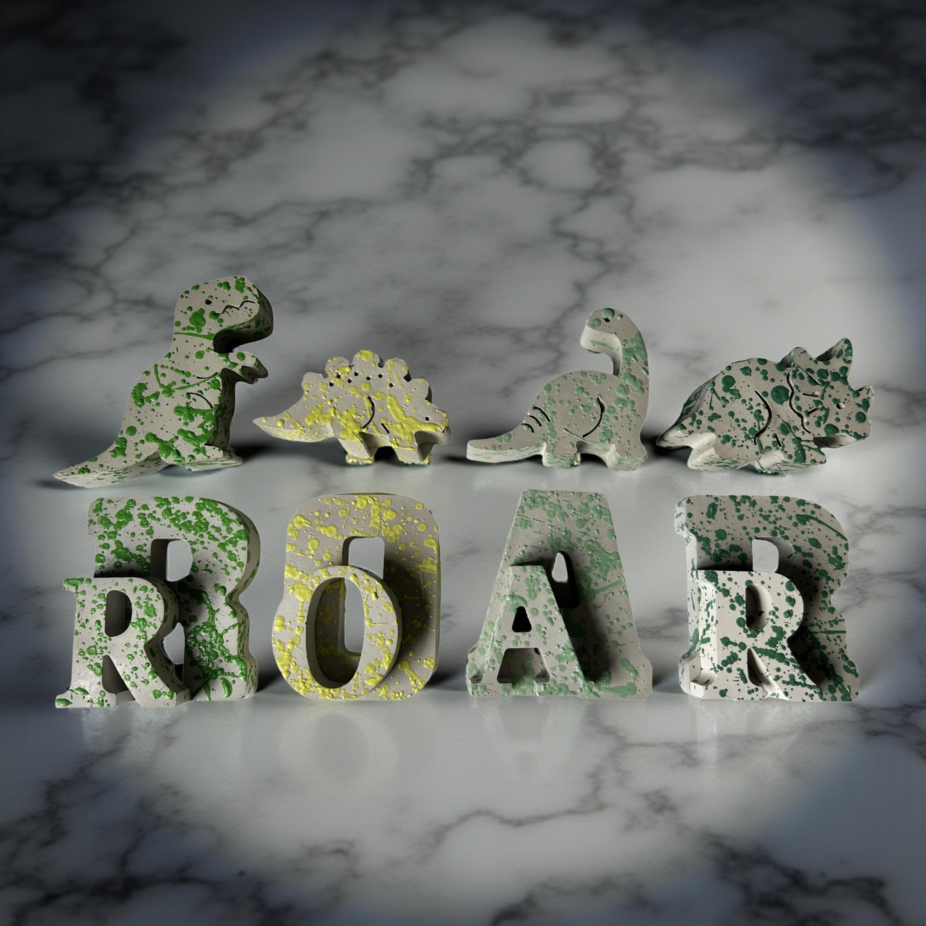Splattered Concrete Dinosaur Decor & ROAR Letters | Unique Kids Room Shelf Decor | Modern Nursery Art