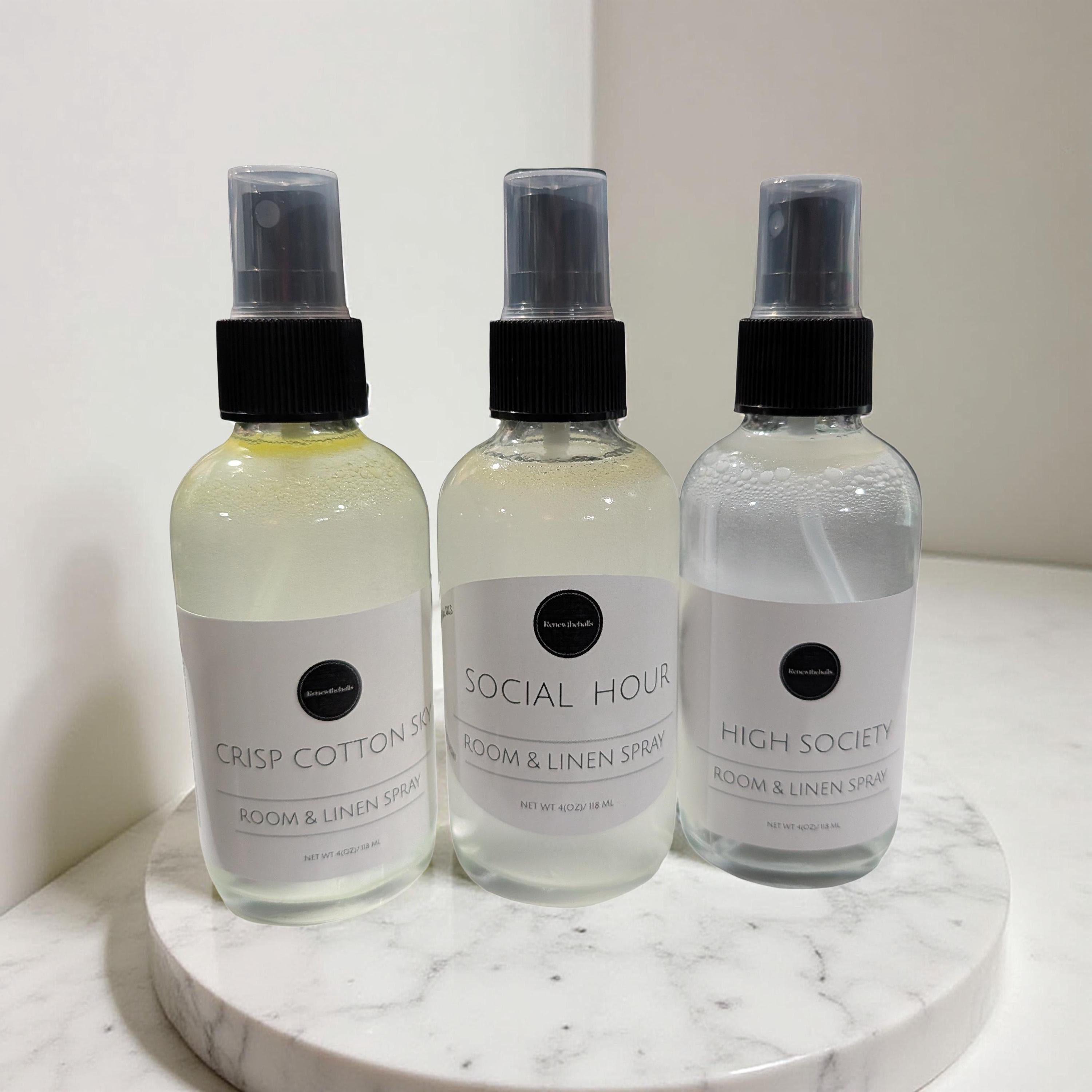 Signature Room & Linen Spray | Designer Inspired Scents | 4oz Glass Bottle Home Fragrance Mist | High Society, Social Hour, Crisp Cotton