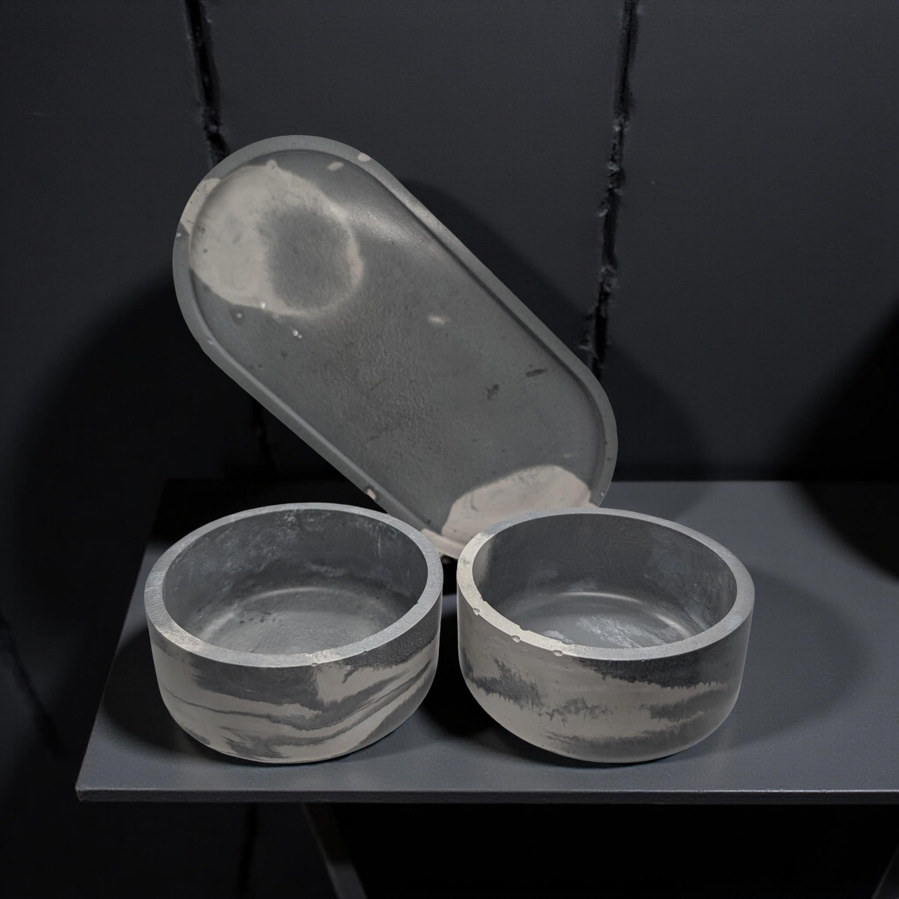 One-of-a-Kind Concrete Vanity Set | Gray Marble Tray + Bowl Duo | Modern Bathroom Storage for Q-Tips & Cotton Balls | Catchall Tray
