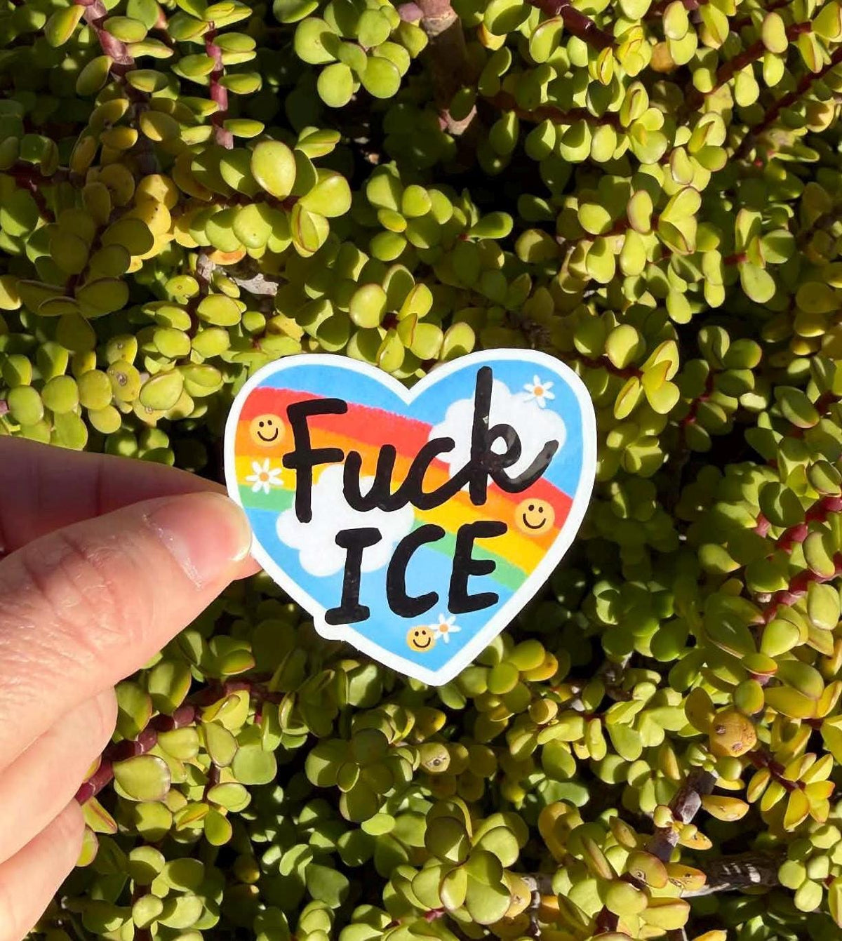 May include: A heart-shaped sticker with the words "Fuck ICE" in black, over a rainbow and blue sky background. The sticker has smiley faces and small white flowers. The sticker is held in front of a background of green leaves.