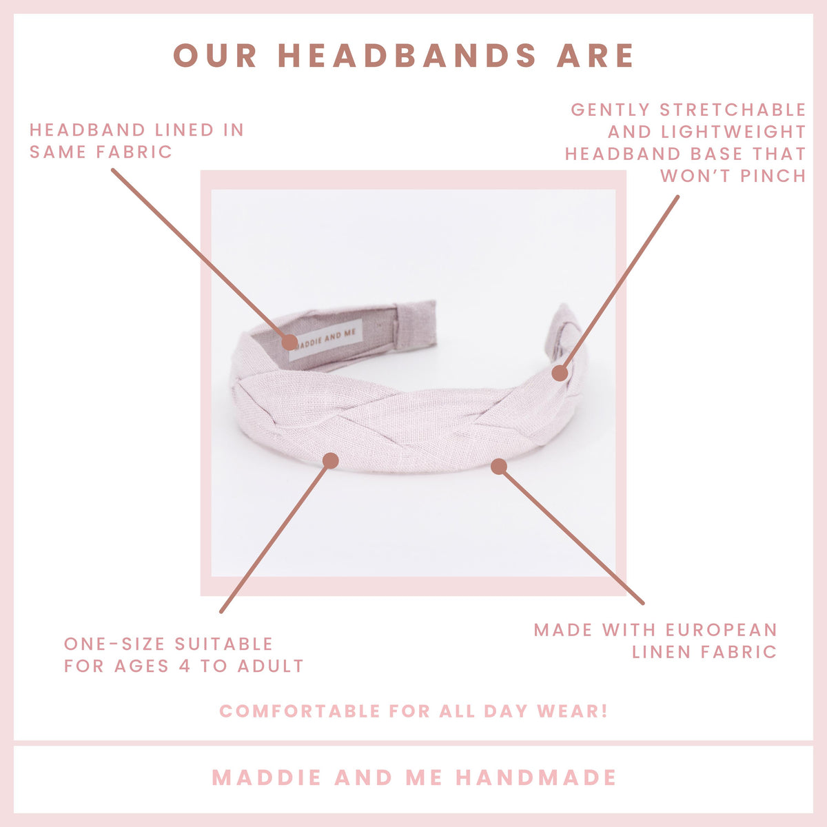 May include: A light pink braided headband. The headband is made with linen fabric and is one size fits most.