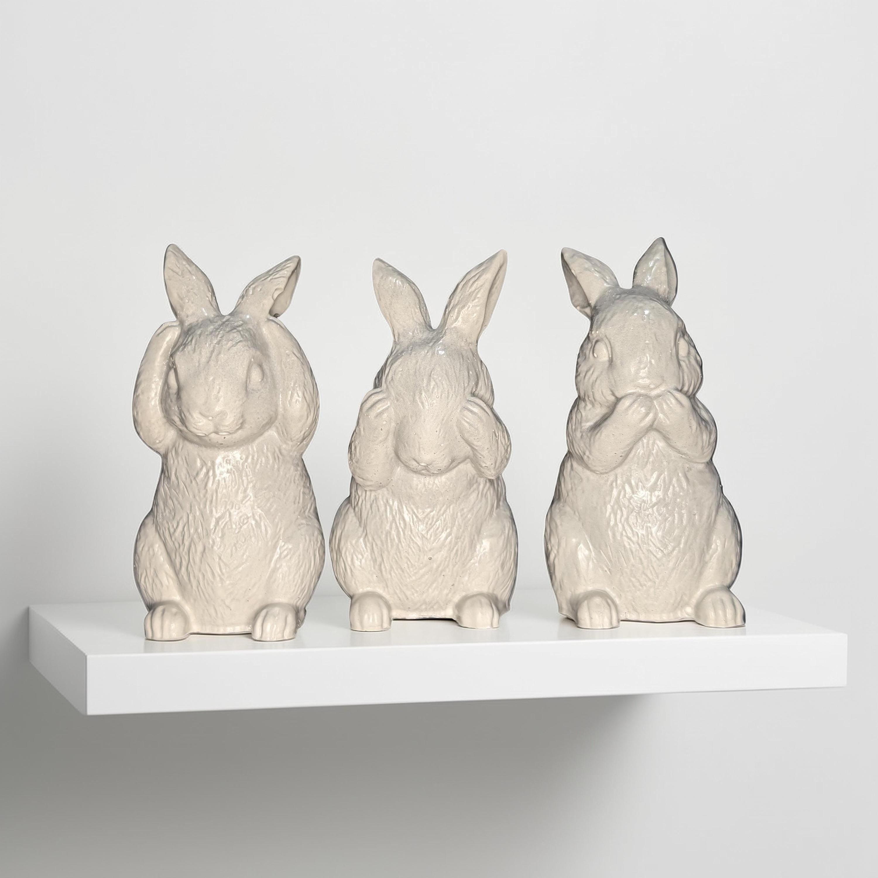 Concrete Bunny Rabbit Figurines - Set of 3 Wise Rabbits See No Evil Hear No Evil - Modern Easter Decor - Spring Mantle Display