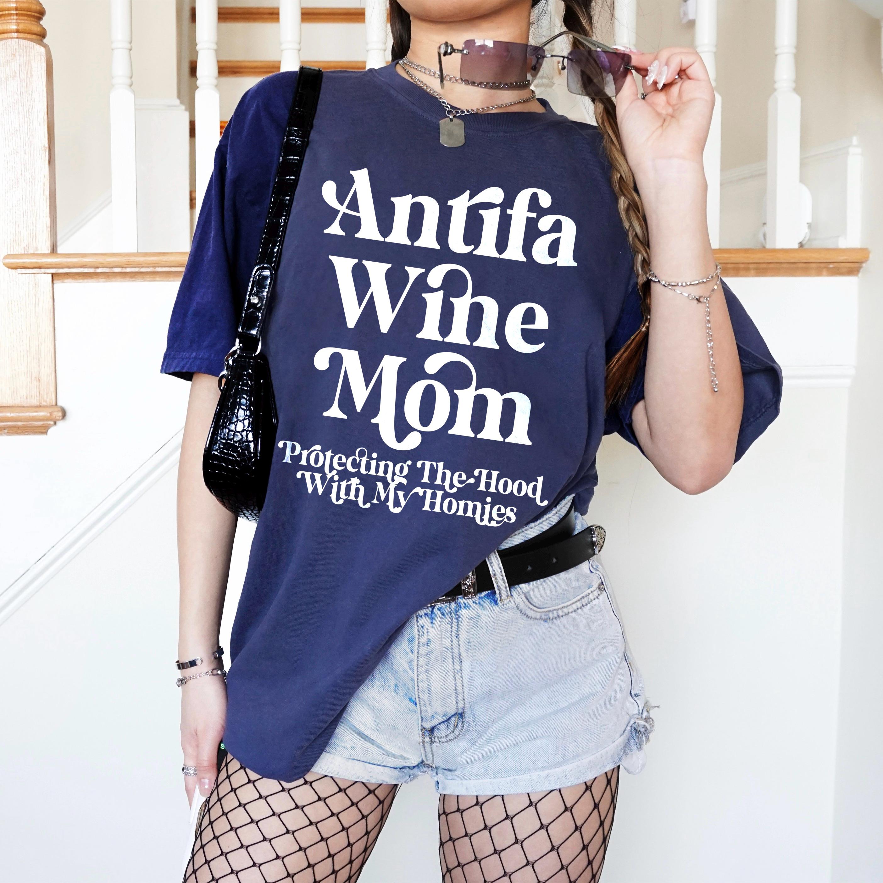 Funny Antifa Wine Mom Graphic Tee, Protecting The Hood With My Homies Shirt, Trendy Graphic T-Shirt For Women, Casual Outfit