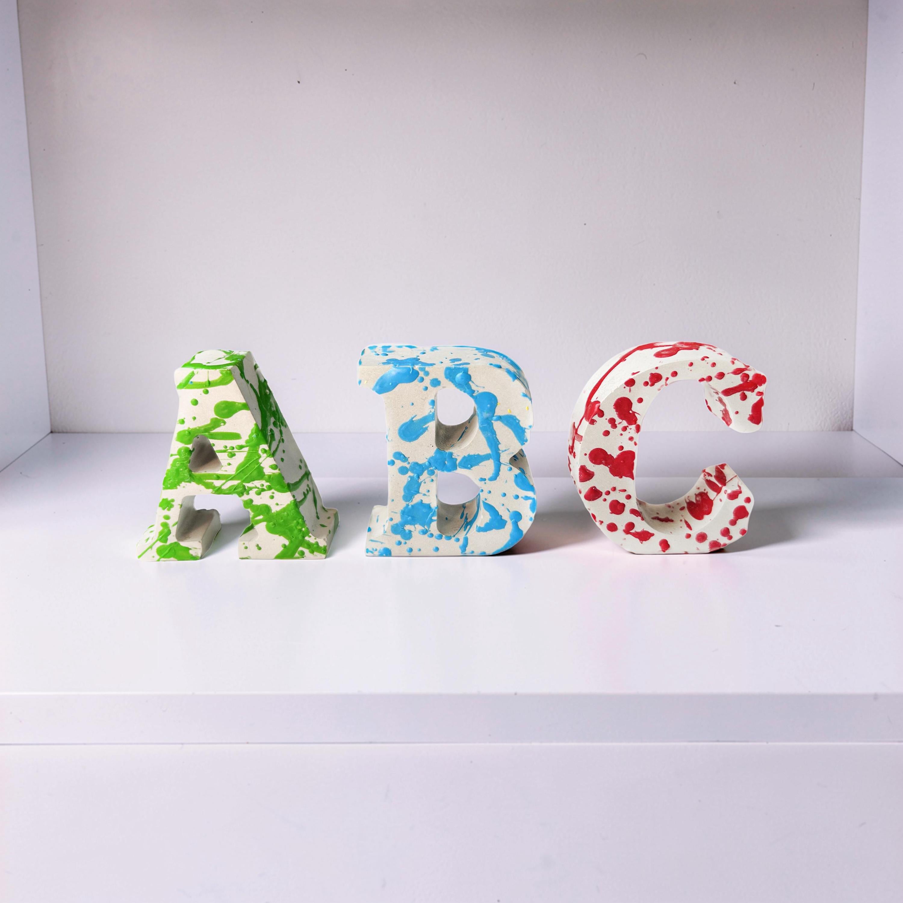 Custom Concrete Letters with Crayon Wax Splatter, Personalized Nursery Decor, Industrial Name Sign, Kids Room Shelf Art, Colorful Initial