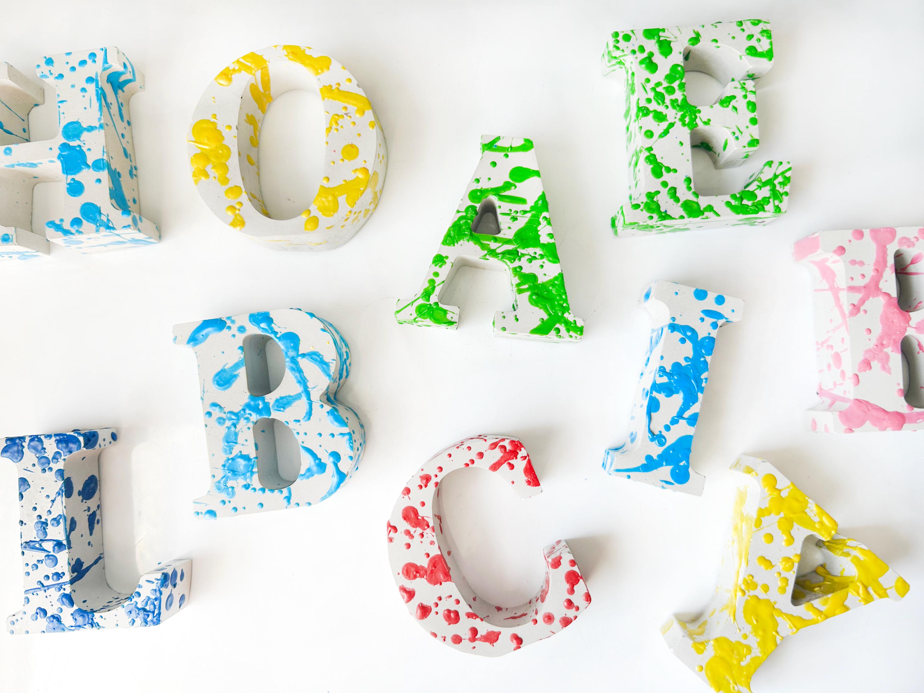 Custom Concrete Letters with Crayon Wax Splatter, Personalized Nursery Decor, Industrial Name Sign, Kids Room Shelf Art, Colorful Initial