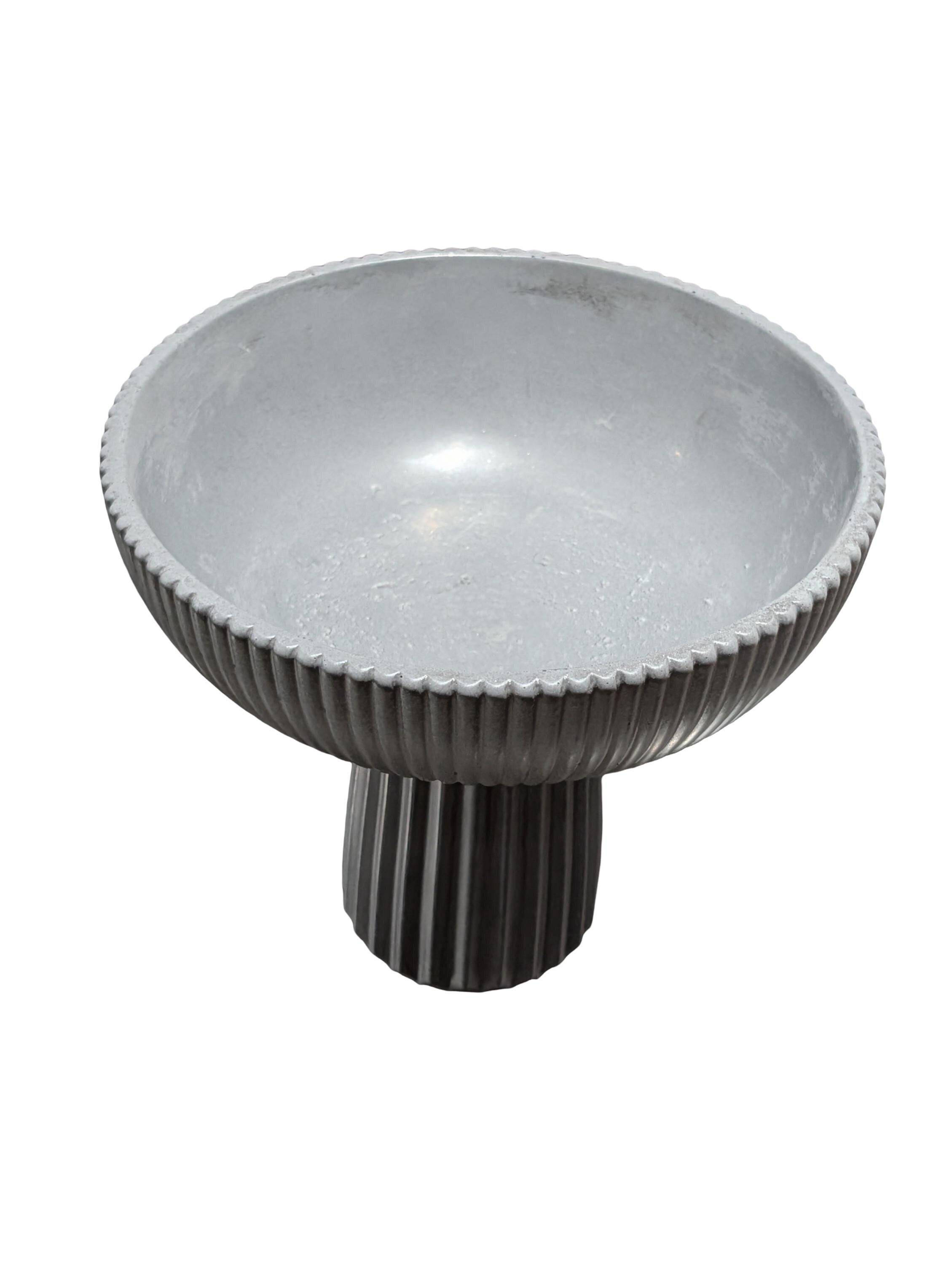 Large Grey Concrete Pedestal Bowl - 10" Fluted Decorative Fruit Bowl - Modern Scandi Centerpiece - Ribbed Cement Compote Vase