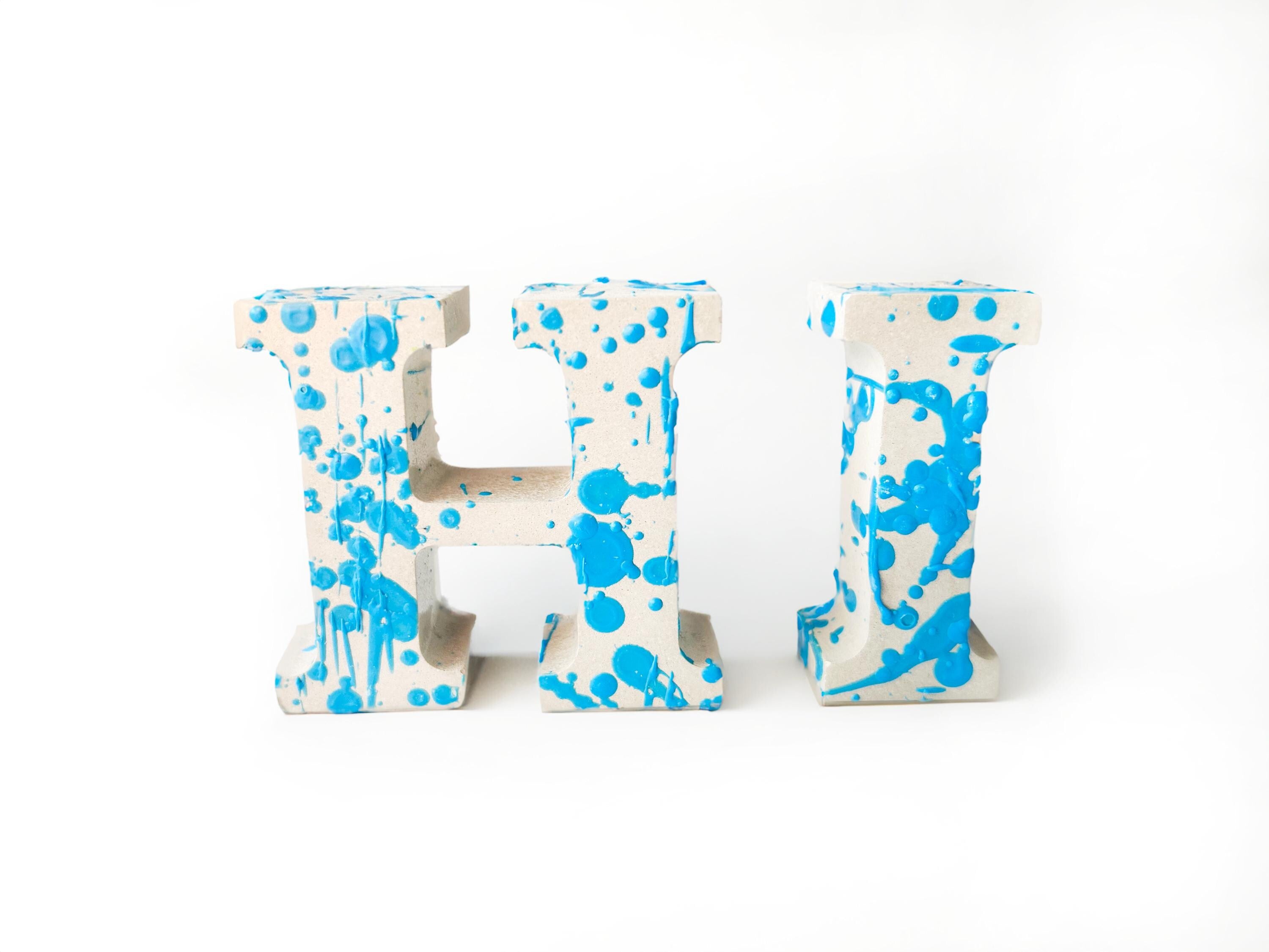 Custom Concrete Letters with Crayon Wax Splatter, Personalized Nursery Decor, Industrial Name Sign, Kids Room Shelf Art, Colorful Initial