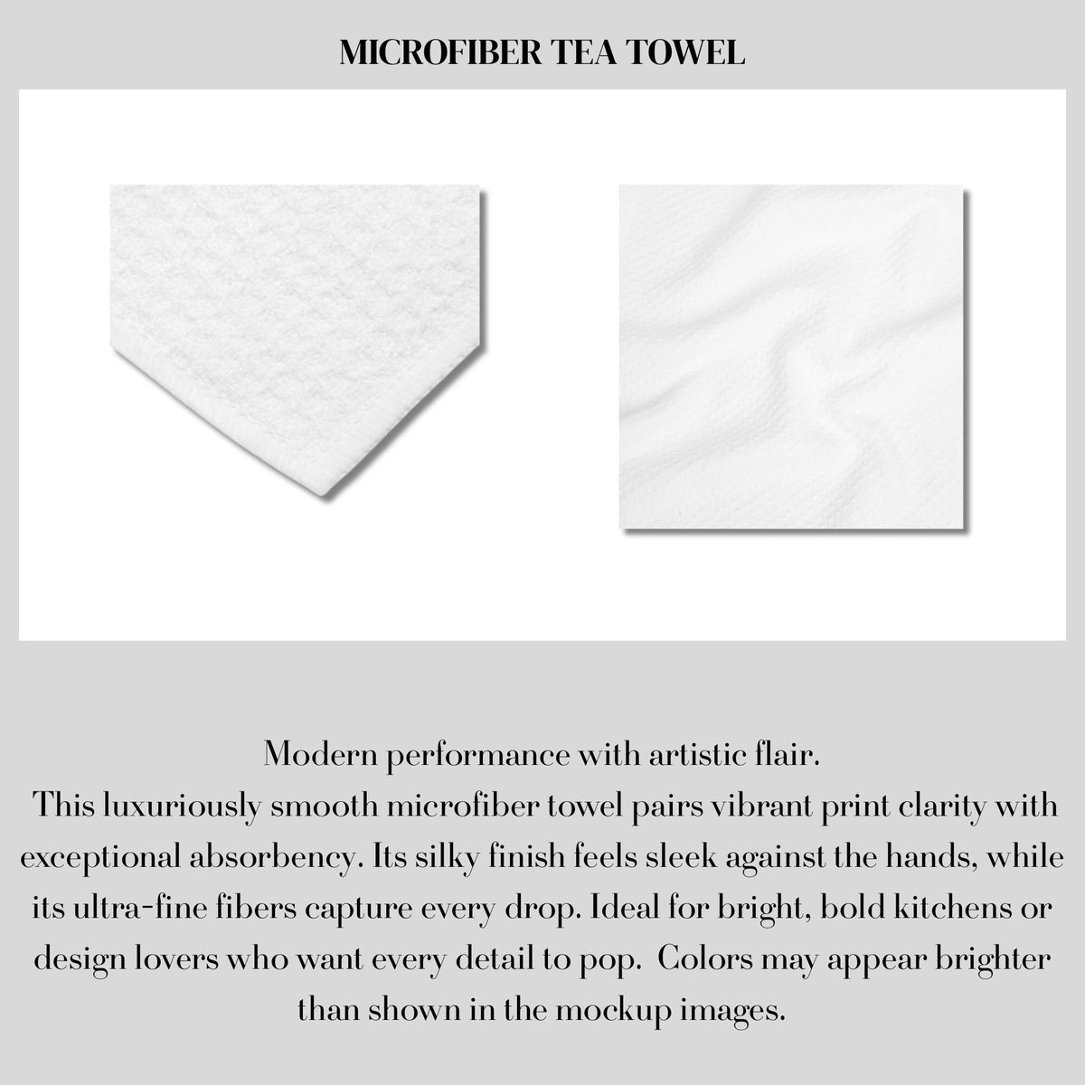 White microfiber tea towel product detail shots and description.