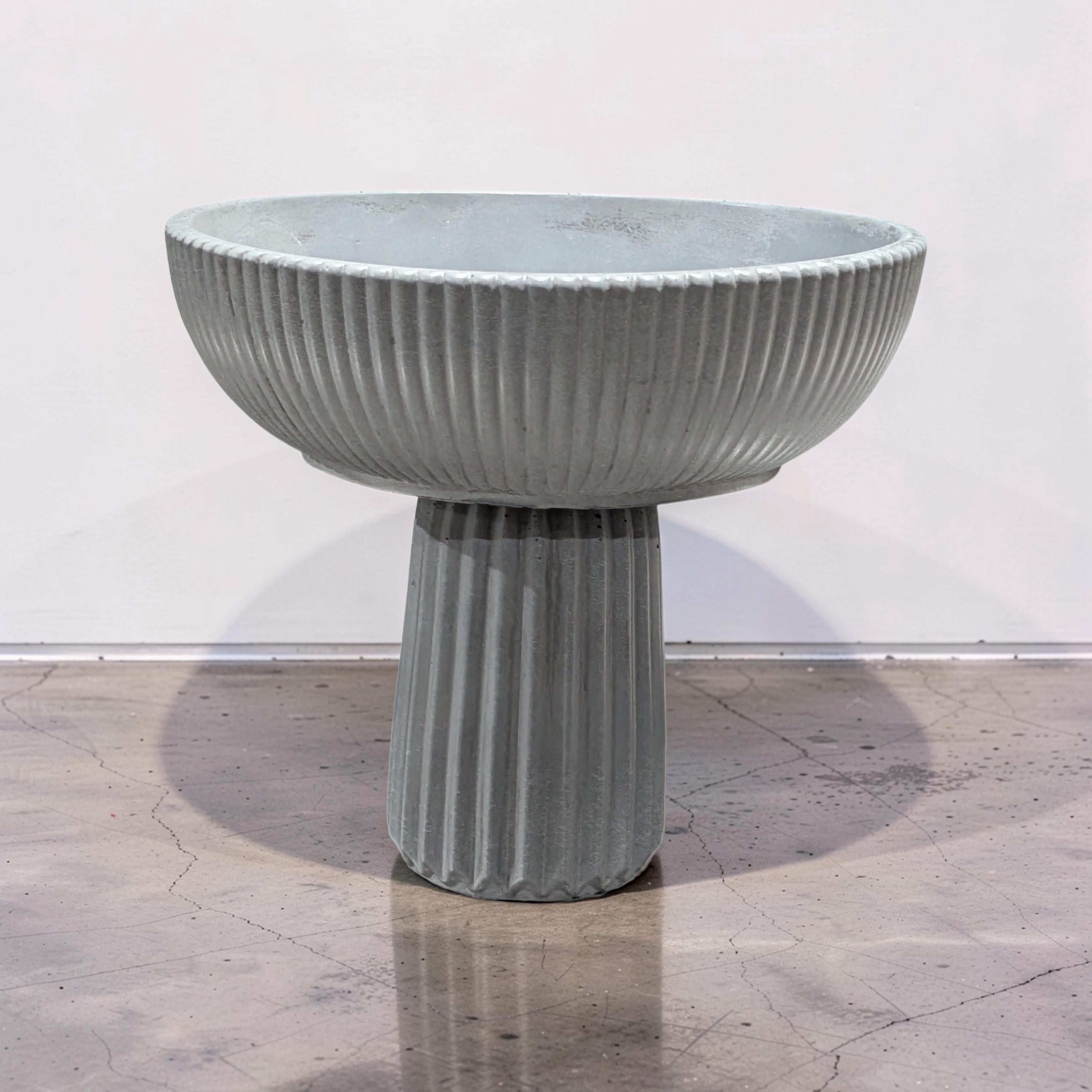 Large Grey Concrete Pedestal Bowl - 10" Fluted Decorative Fruit Bowl - Modern Scandi Centerpiece - Ribbed Cement Compote Vase