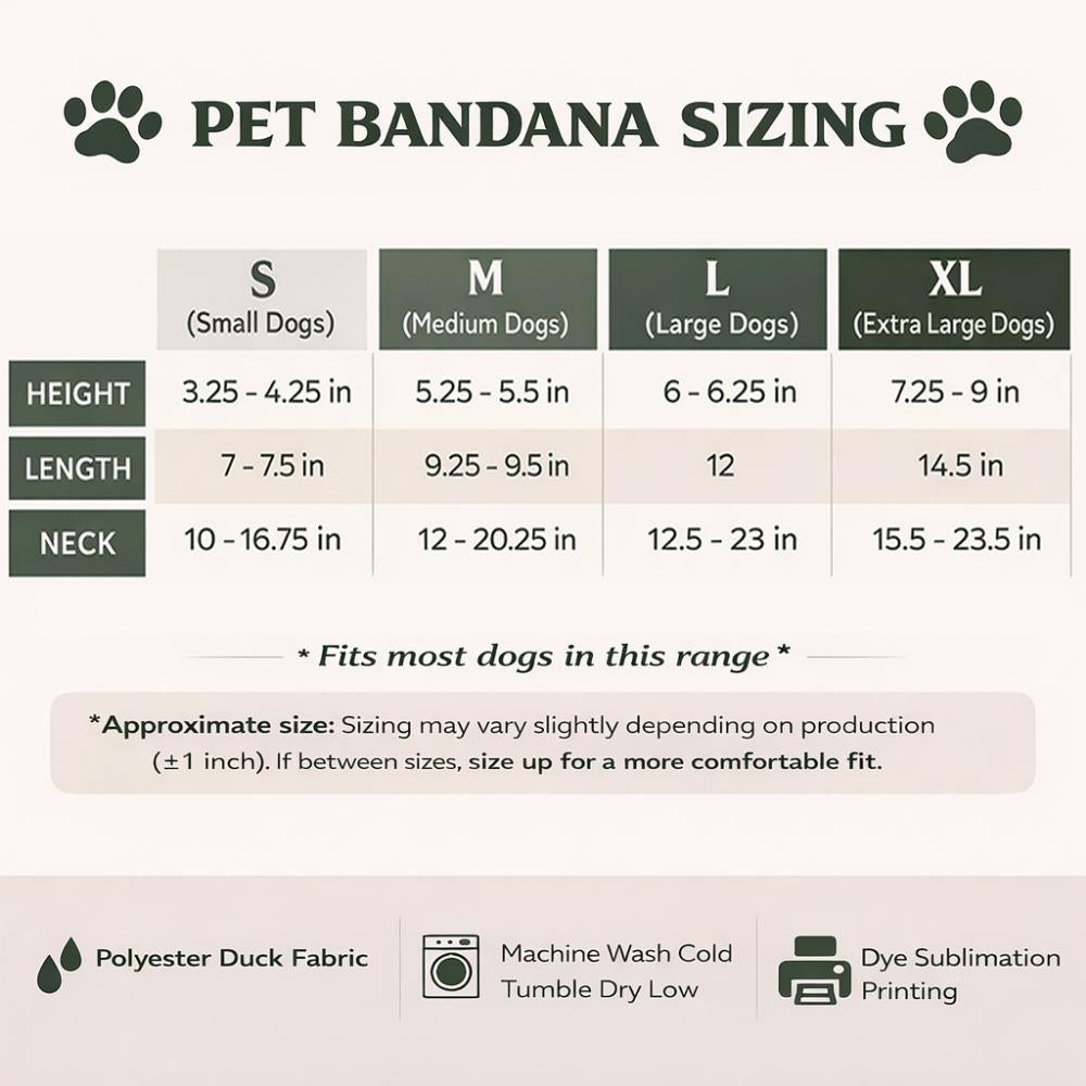 Pet bandana sizing chart with measurements for Small, Medium, Large, and XL dogs.