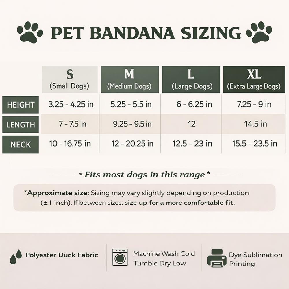 Pet bandana sizing chart with measurements for Small, Medium, Large, and XL dogs.