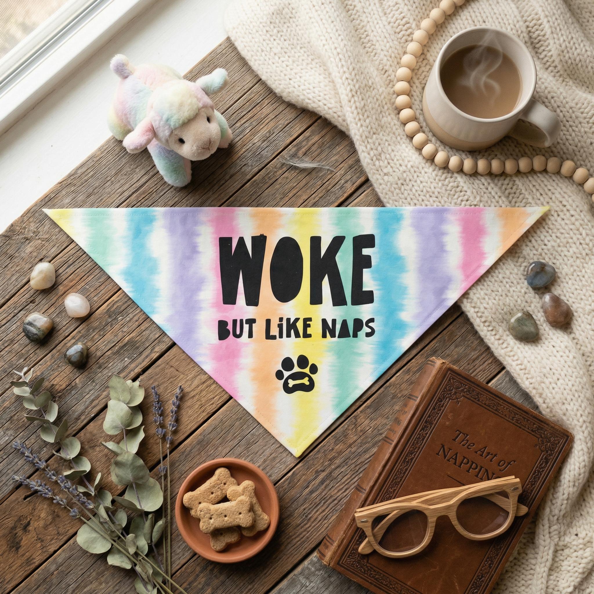 Tie-dye dog bandana with "WOKE BUT LIKE NAPS" text and paw print.