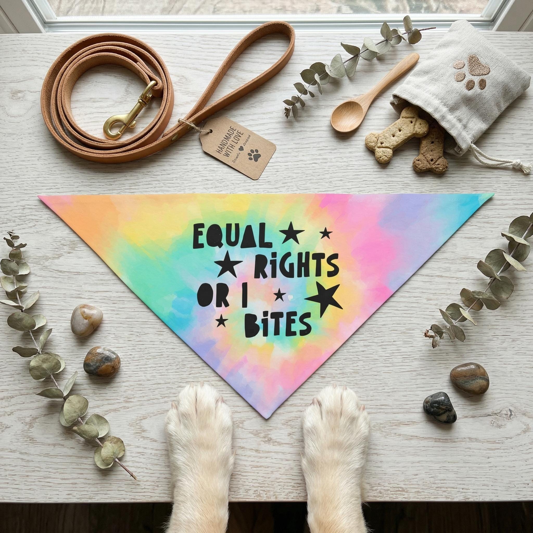 Tie-dye dog bandana with "EQUAL RIGHTS OR I BITES" text, with dog paws and accessories.
