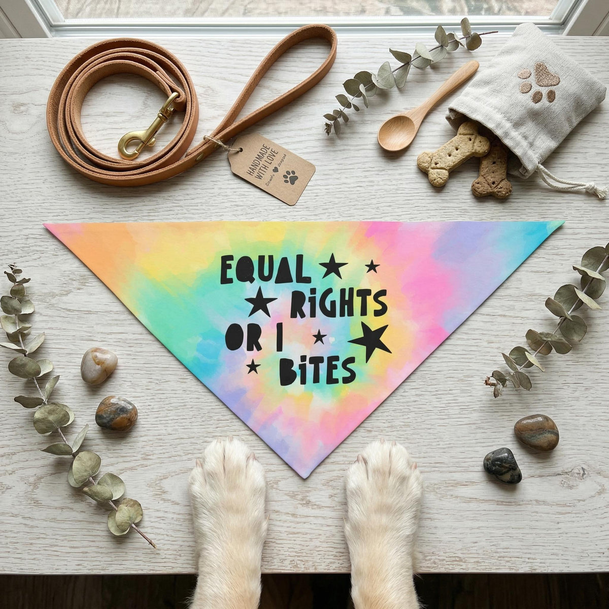 Tie-dye dog bandana with "EQUAL RIGHTS OR I BITES" text, with dog paws and accessories.