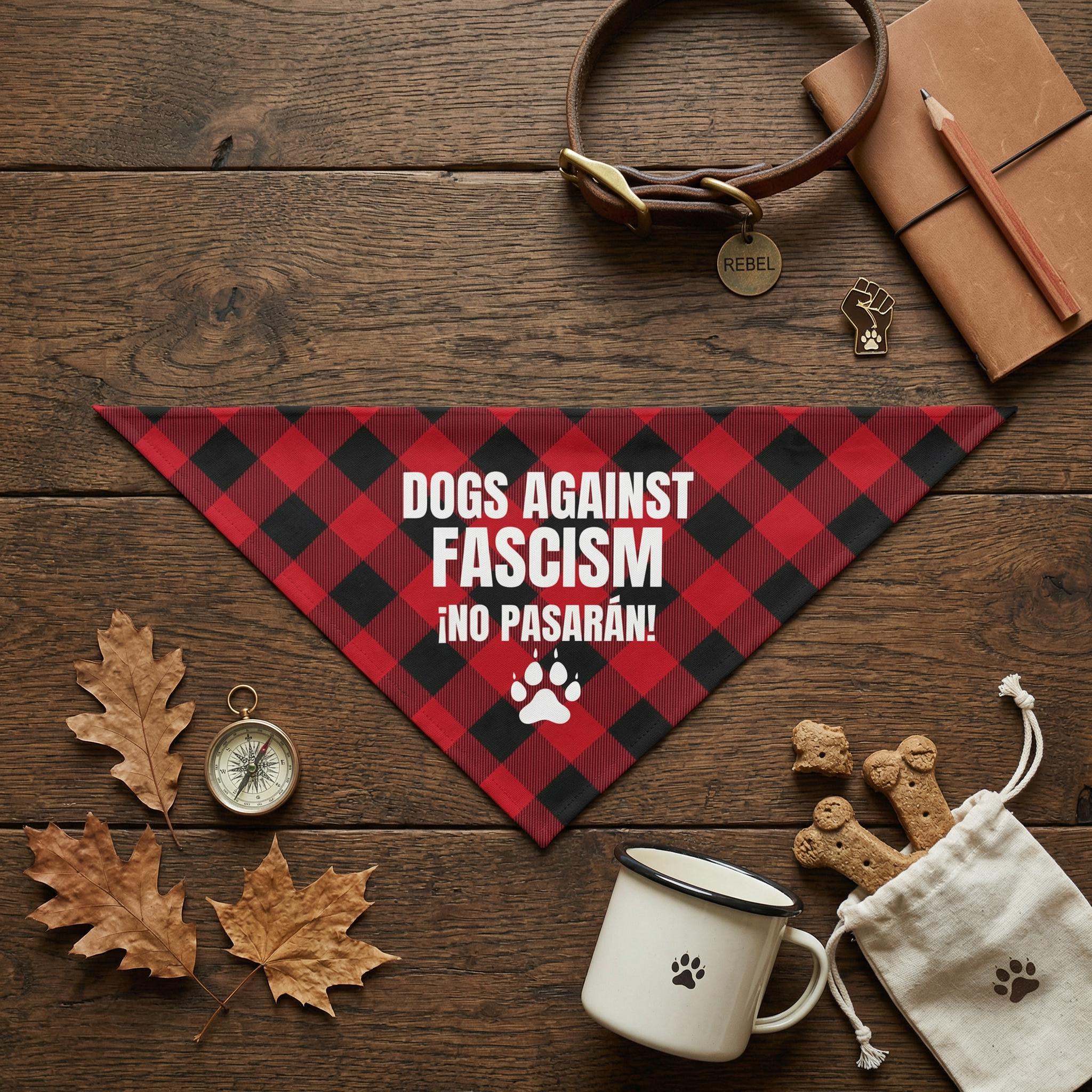 Red and black plaid bandana with "DOGS AGAINST FASCISM ¡NO PASARÁN!" text.
