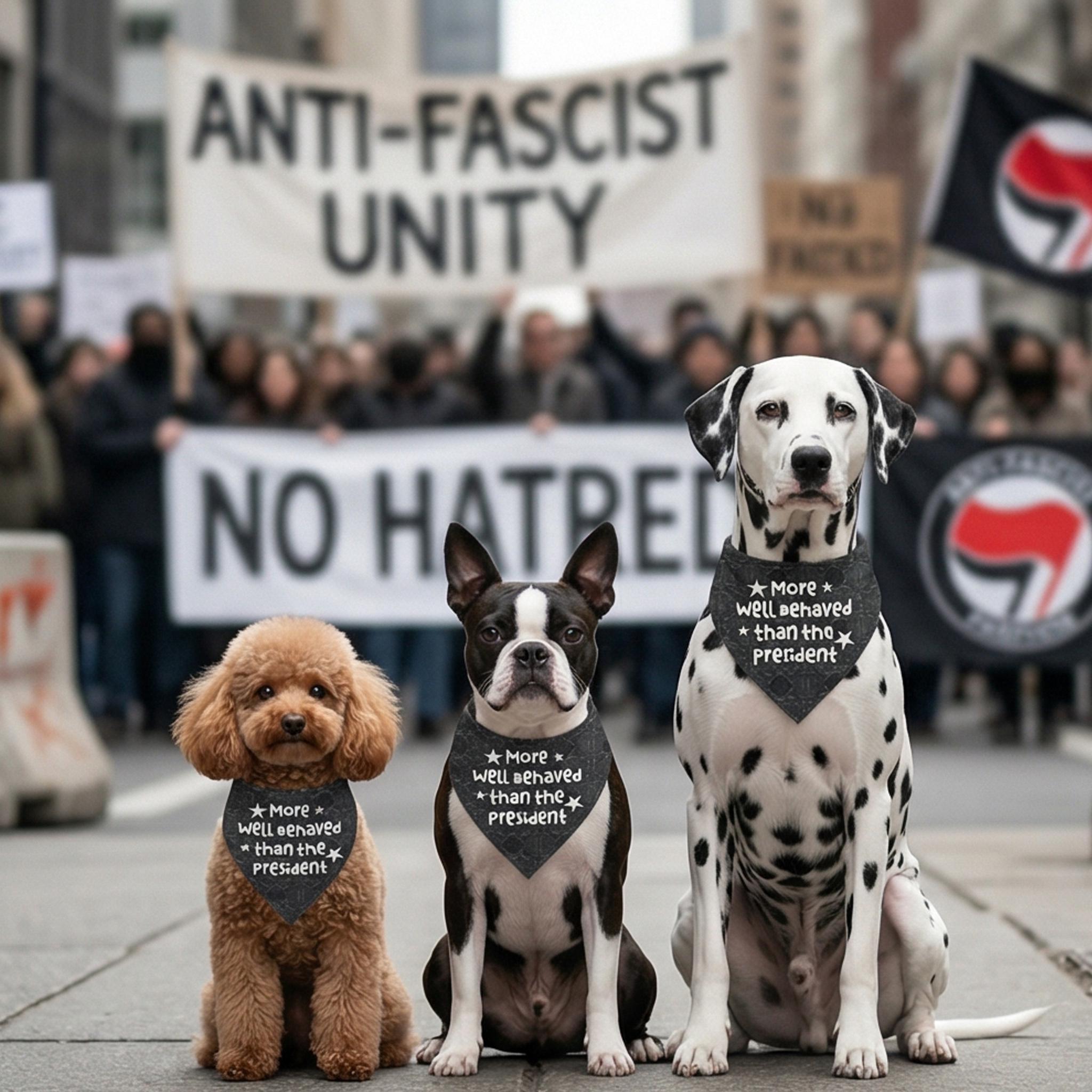 Three dogs wear bandanas reading "More well behaved than the President."