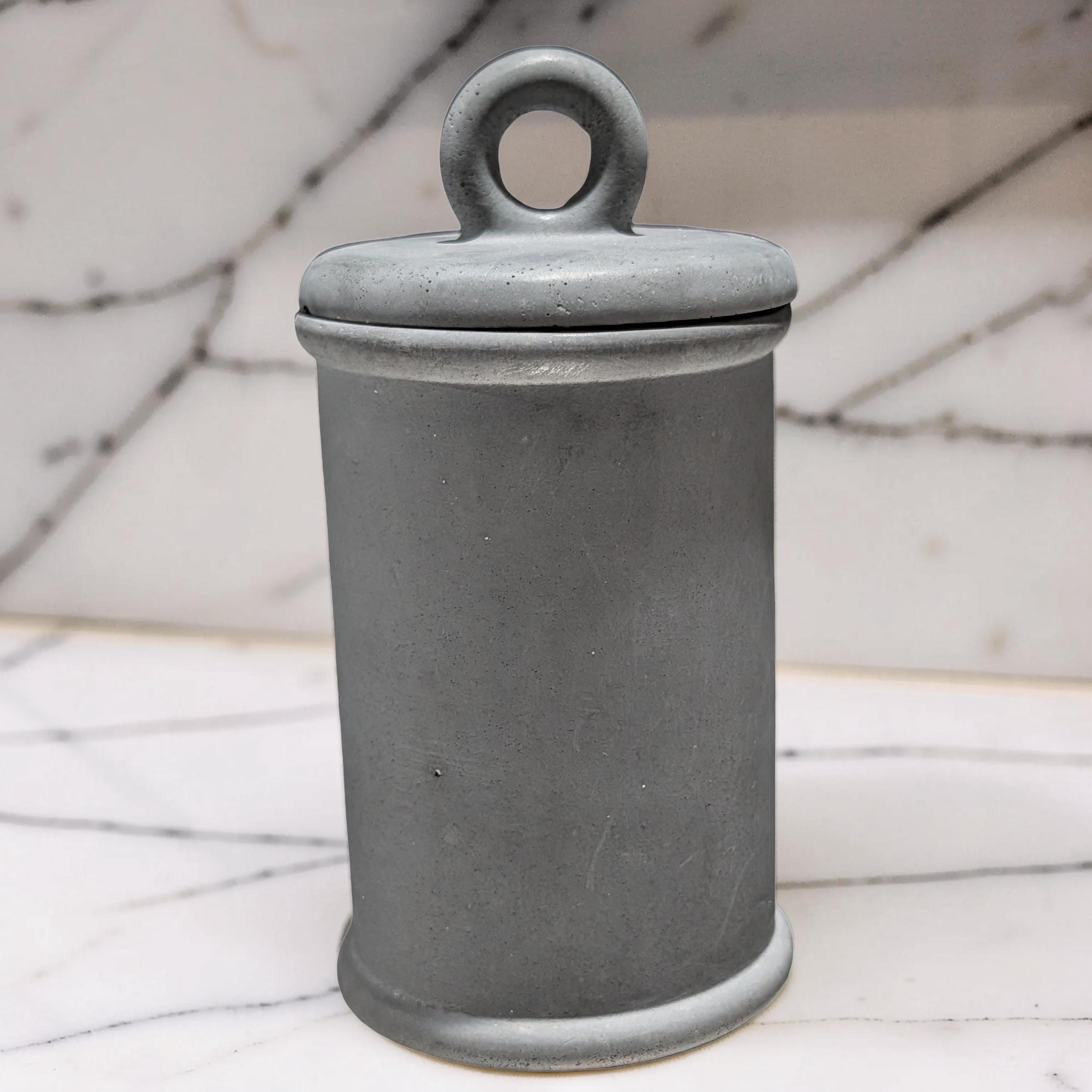 Minimalist Concrete 4.5" Storage Jar with Ring Lid - Industrial Grey or Marble Canister -Modern Bathroom Organizer & Office Desk Decor