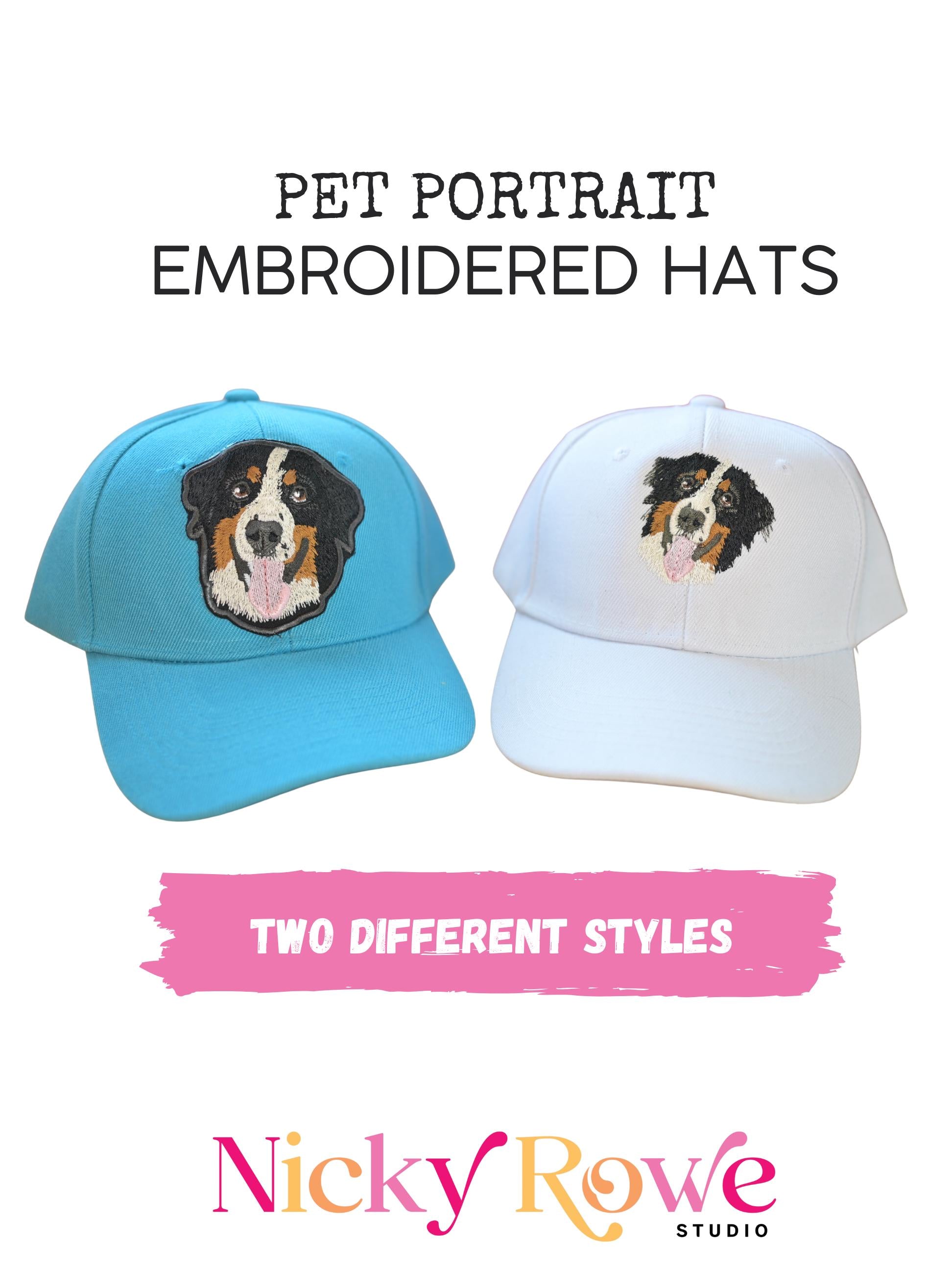 Custom Pet Portrait Trucker Hat – Hand-Drawn Embroidery, Sew-On Patch Option