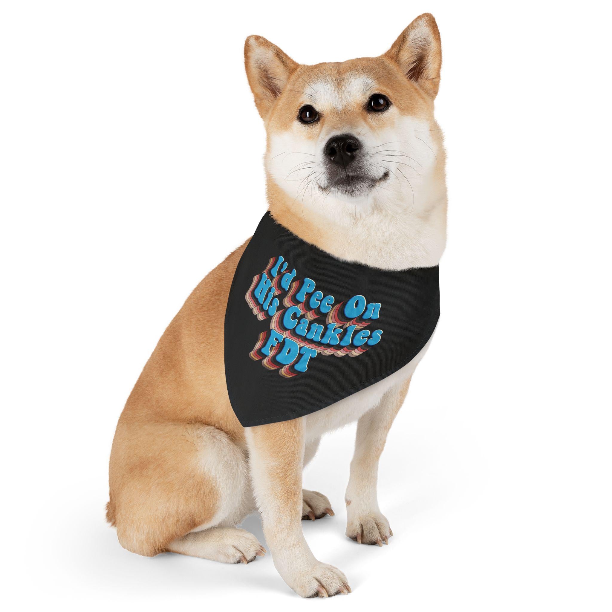Shiba Inu wearing black bandana with "I&