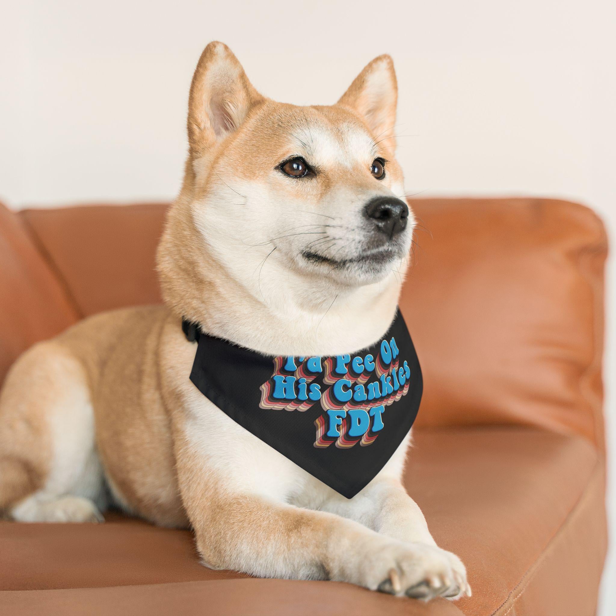 Shiba Inu dog wearing a black bandana that says "I pee on his cookies, FDT".
