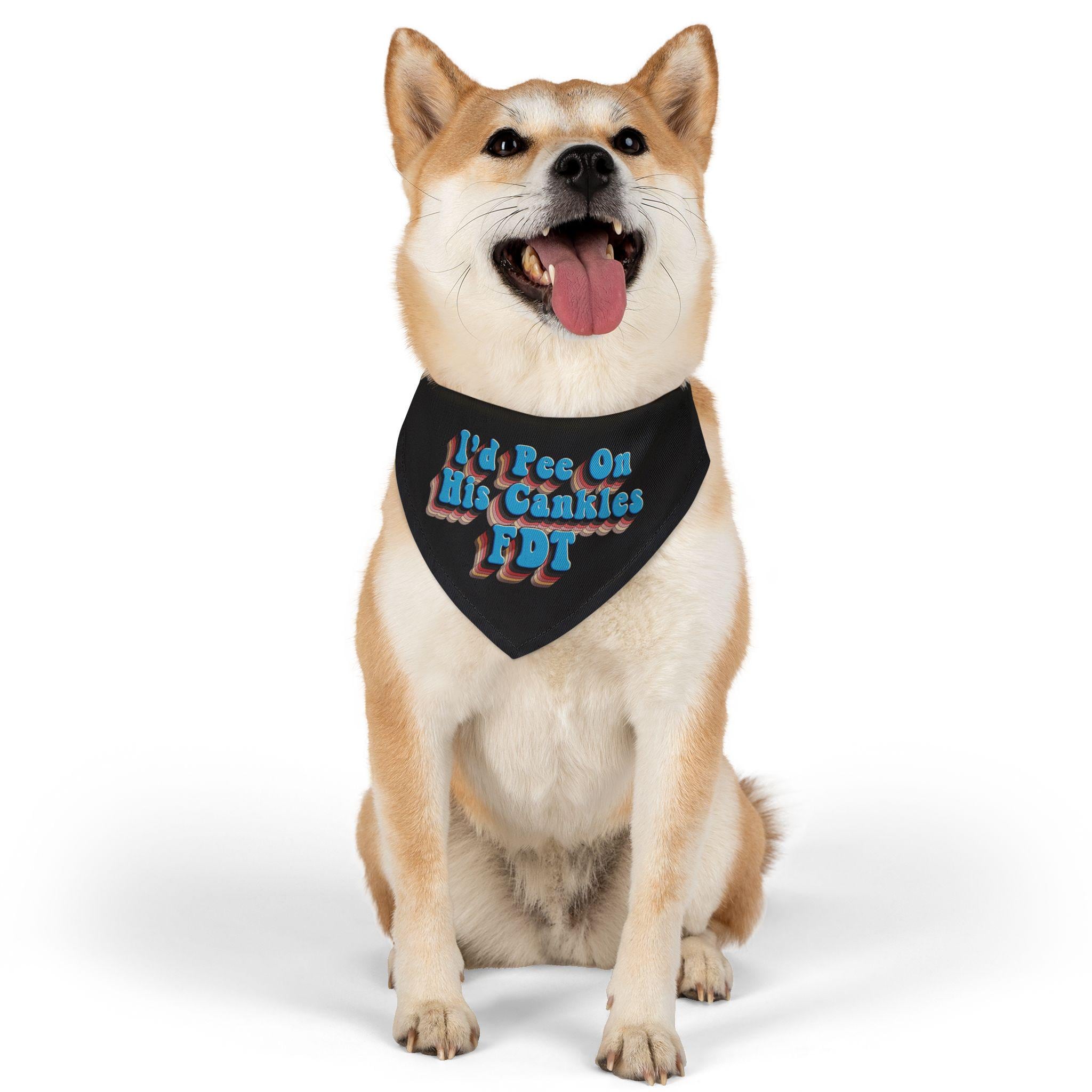 Shiba Inu dog wearing a black bandana with "I&