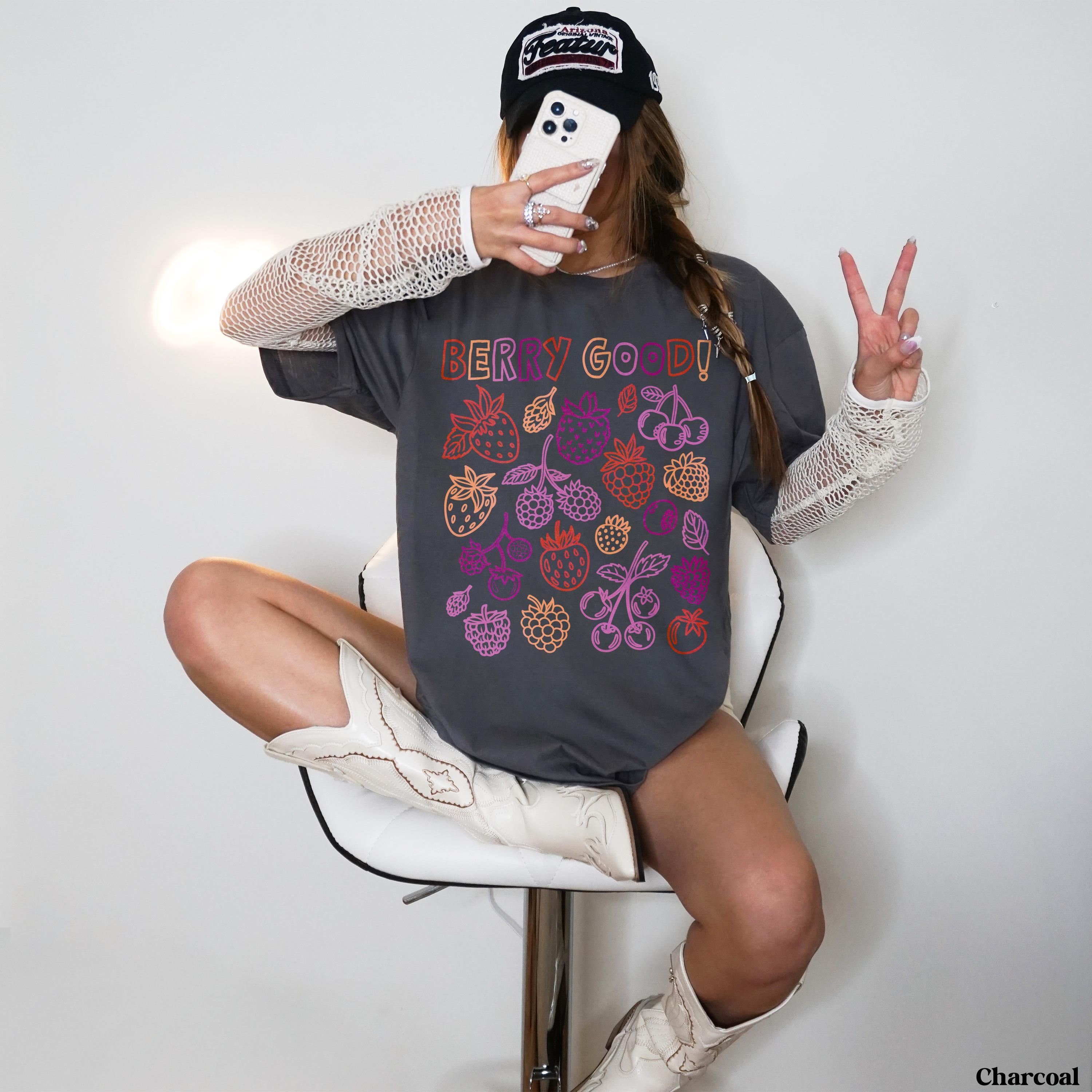Charcoal t-shirt with "BERRY GOOD!" and illustrated berries.