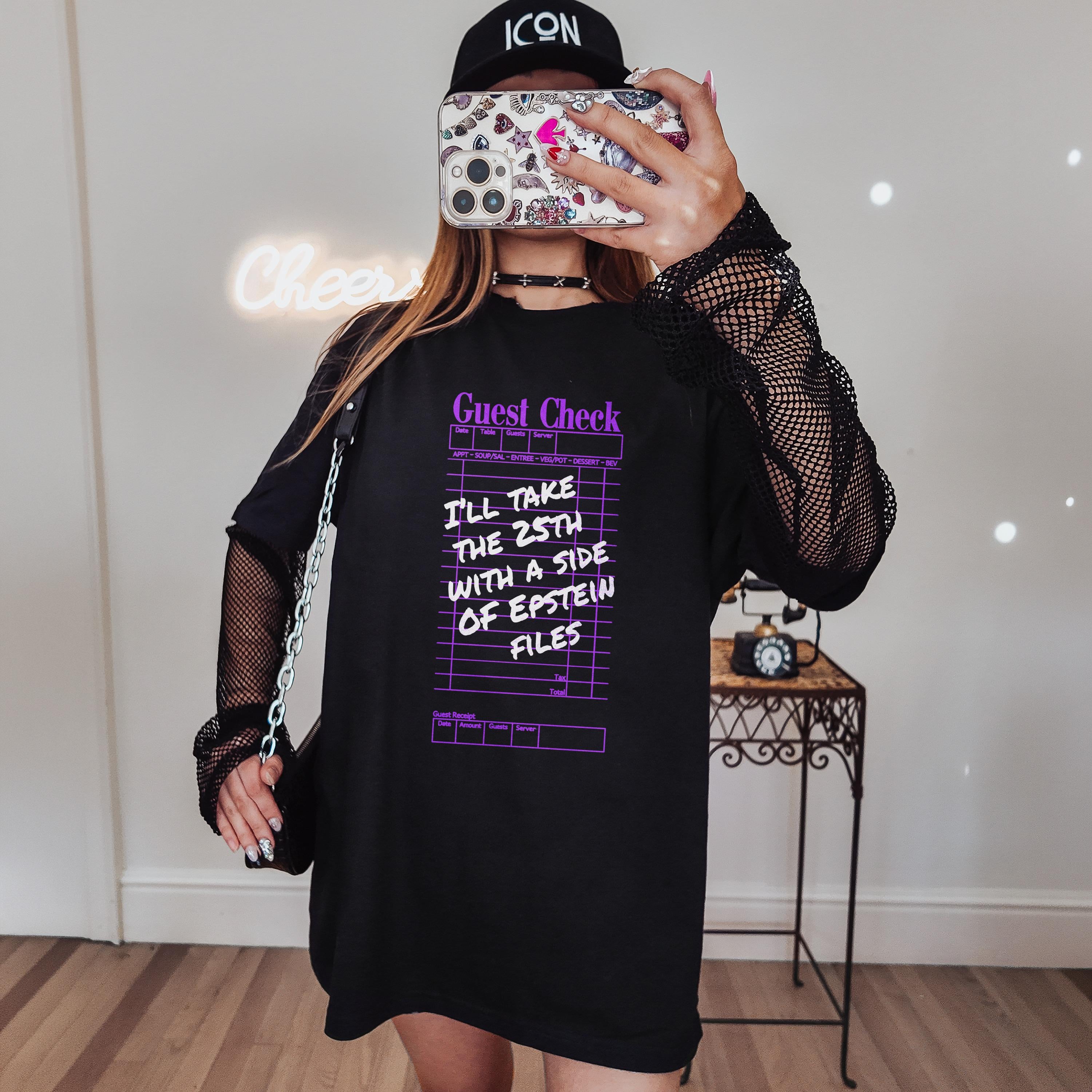Black t-shirt with "Guest Check" graphic listing "I&