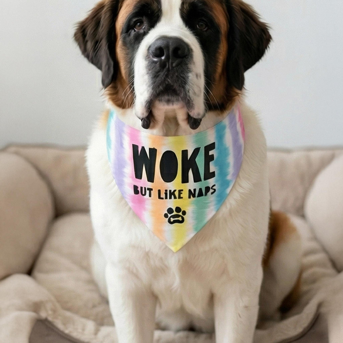 St. Bernard dog wearing a tie-dye bandana that says "Woke but like naps."