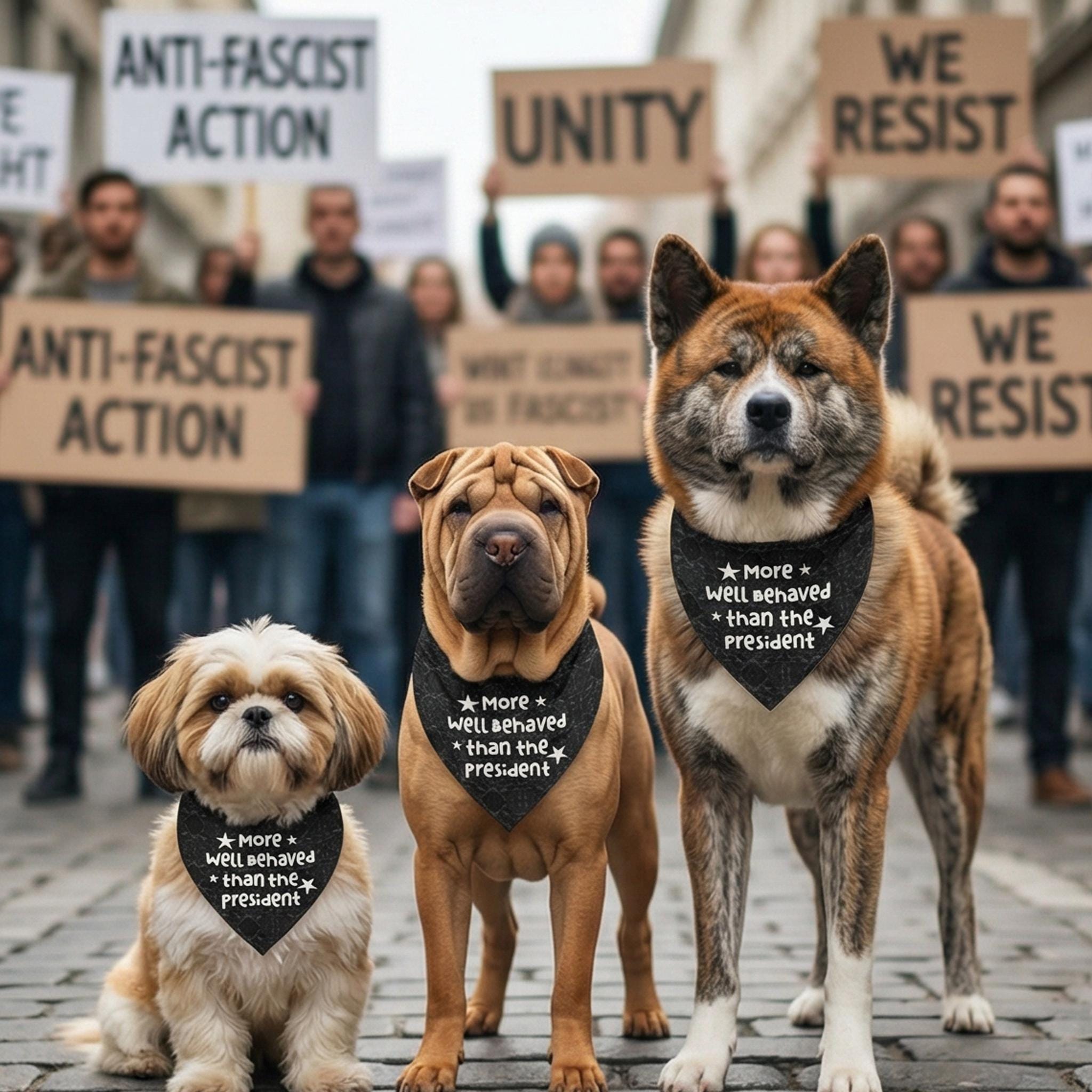 Three dogs in bandanas stand before a protest sign, "ANTI-FASCIST ACTION UNITY WE RESIST".