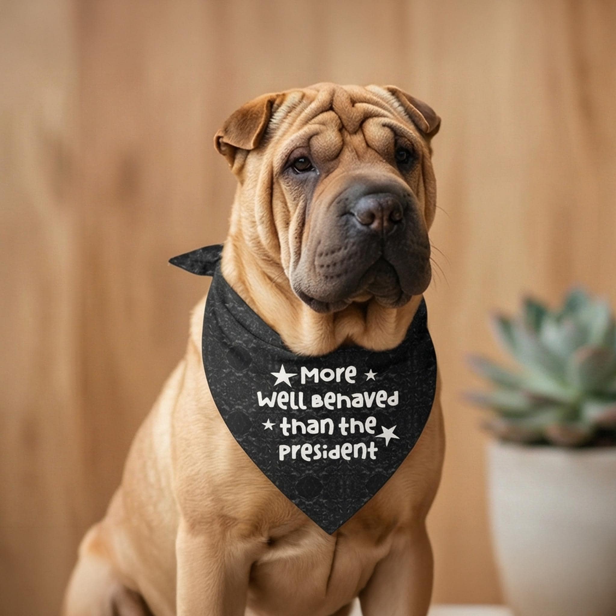 Shar-Pei dog wearing a black bandana with white text: "More well behaved than the president".