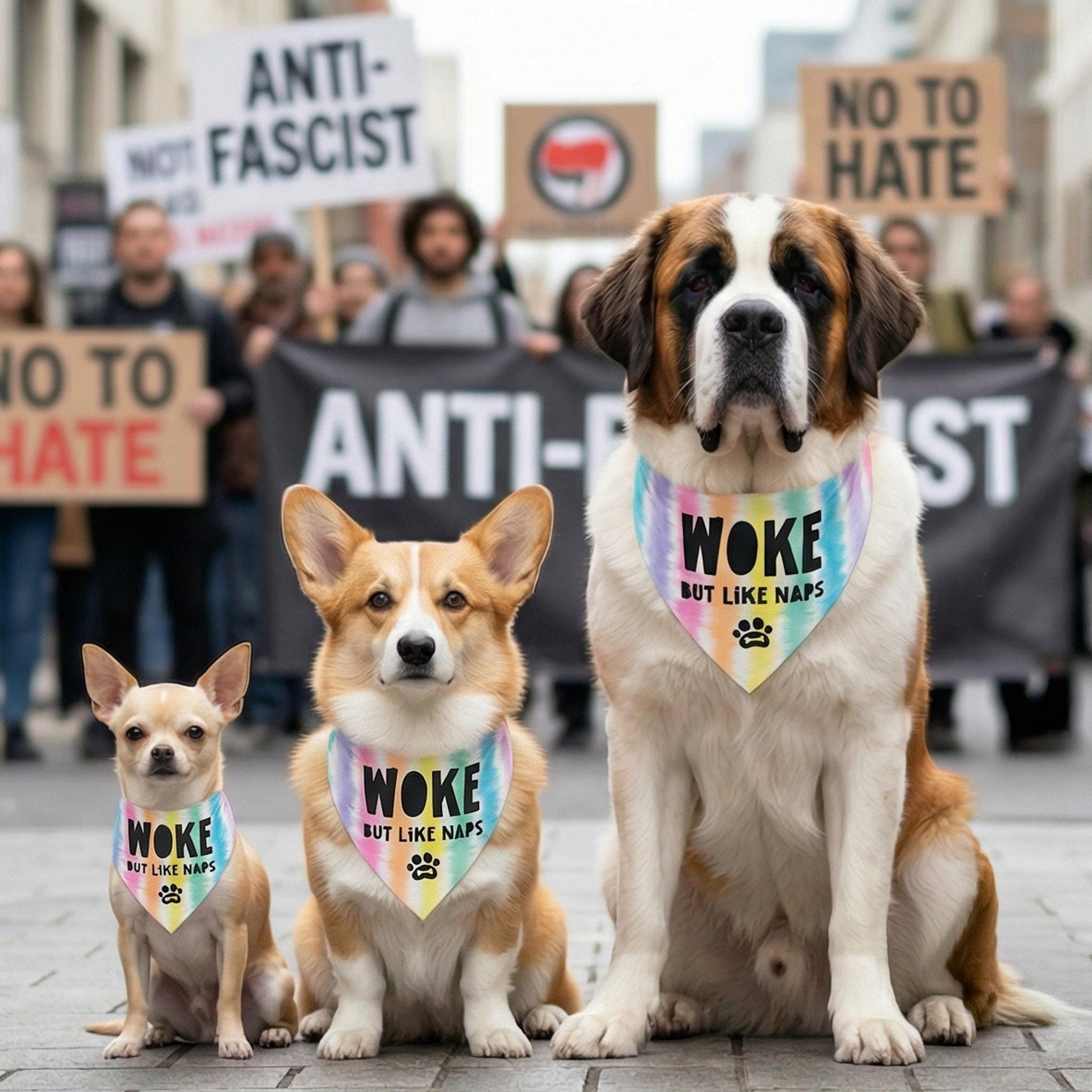 Three dogs wearing bandanas with "WOKE BUT LIKE NAPS" on them, protesters in background.