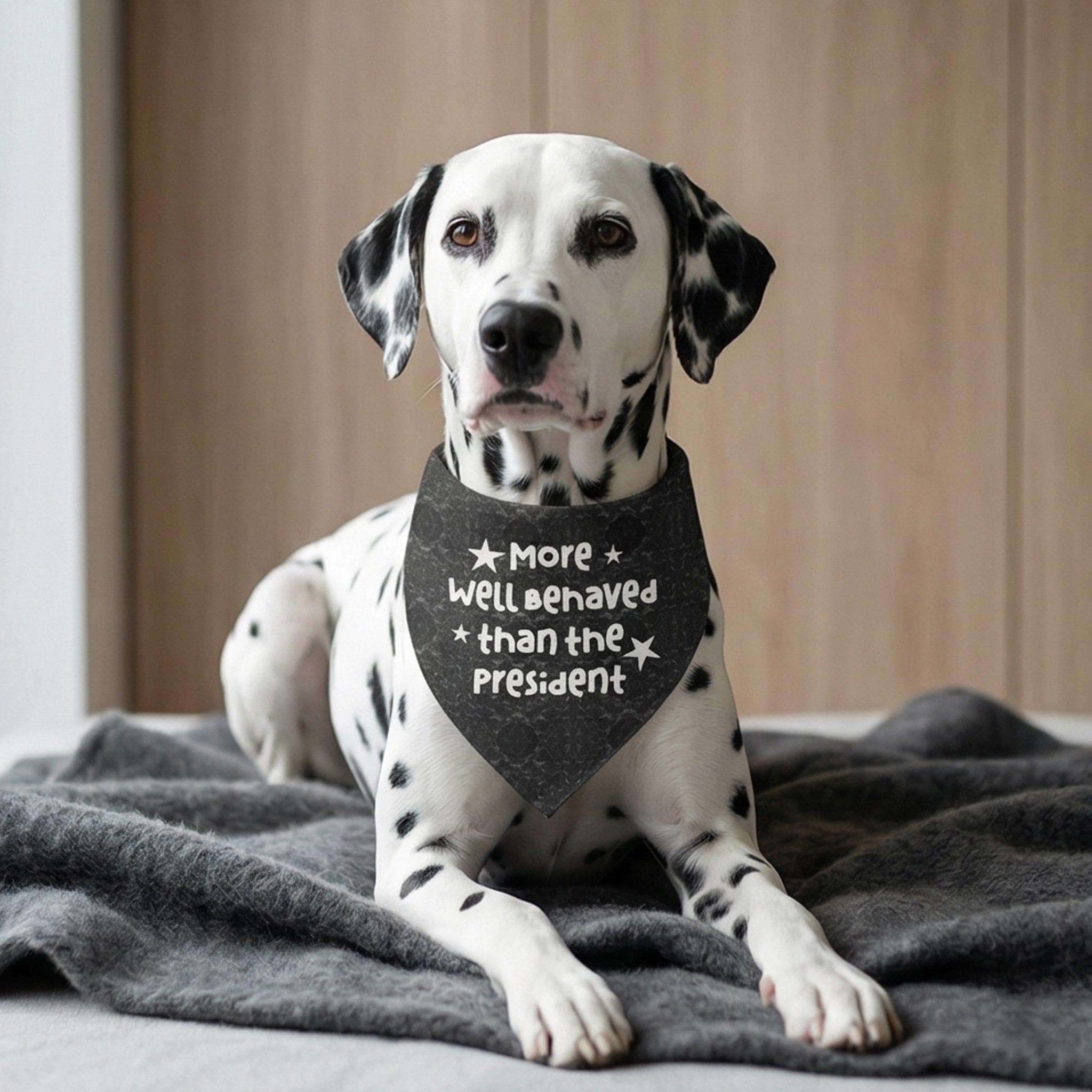 Dalmatian wearing bandana that says "More well behaved than the president".