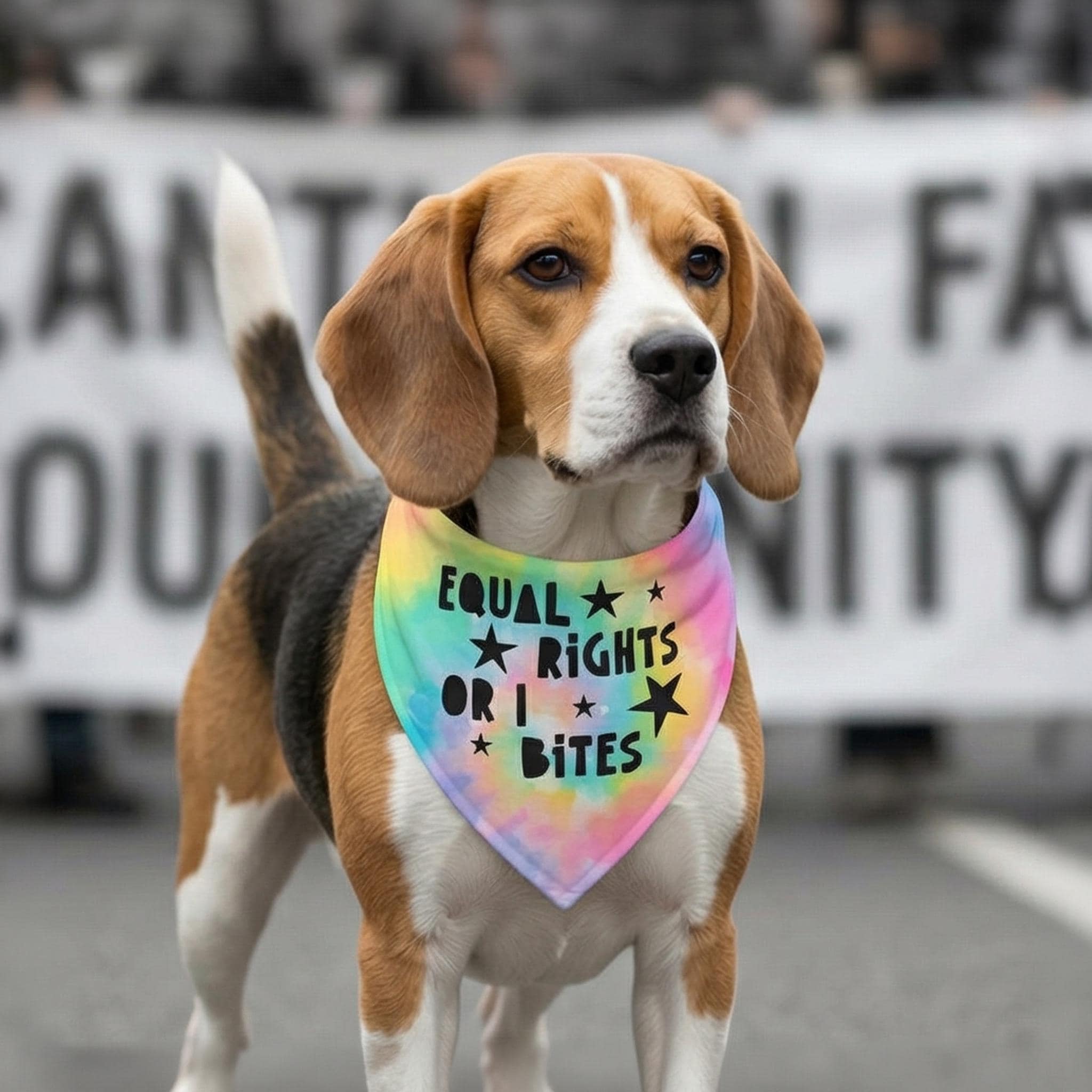 Beagle wearing a tie-dye bandana that says "Equal Rights or Bites".