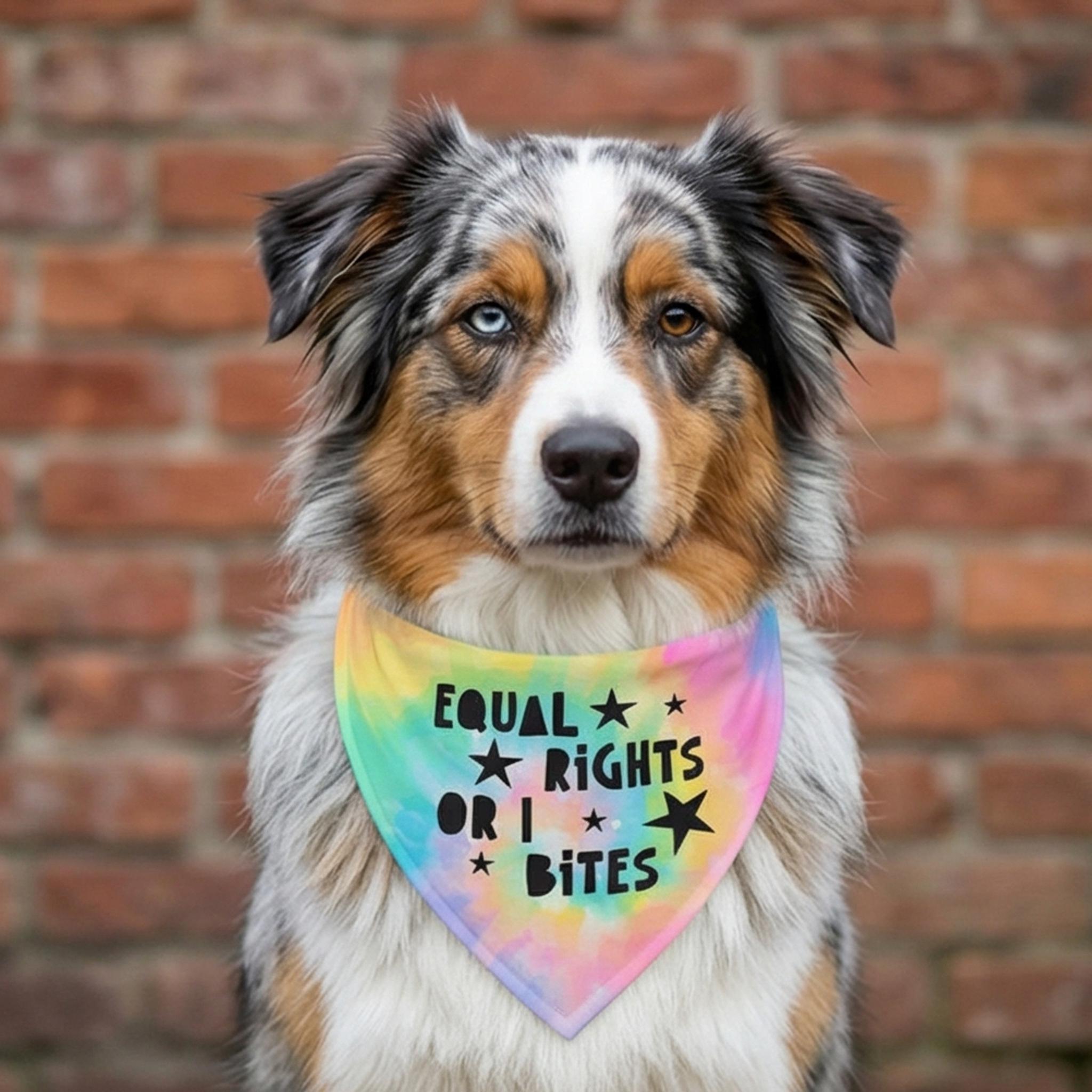 Australian Shepherd wearing a tie-dye bandana that says "Equal Rights Or I Bites".