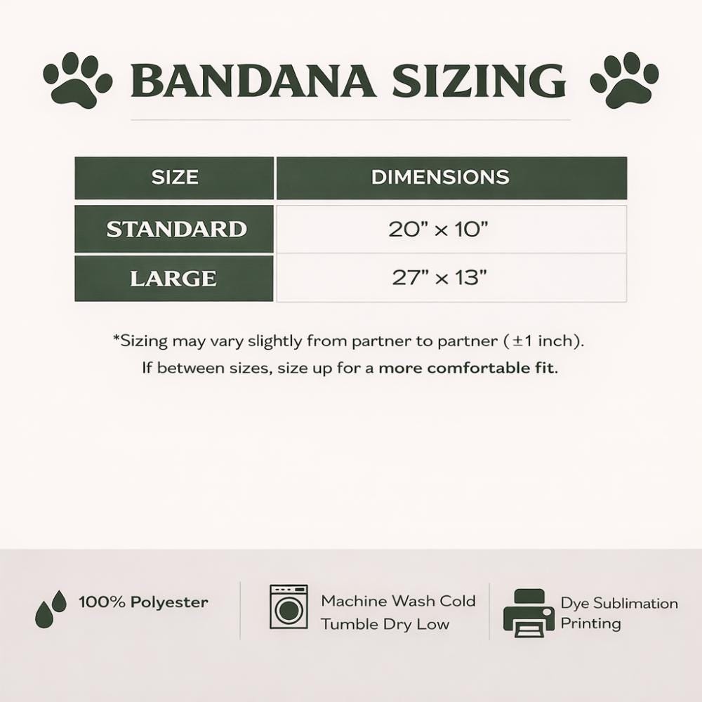 Bandana sizing chart: Standard 20"x10", Large 27"x13". Material and care icons.