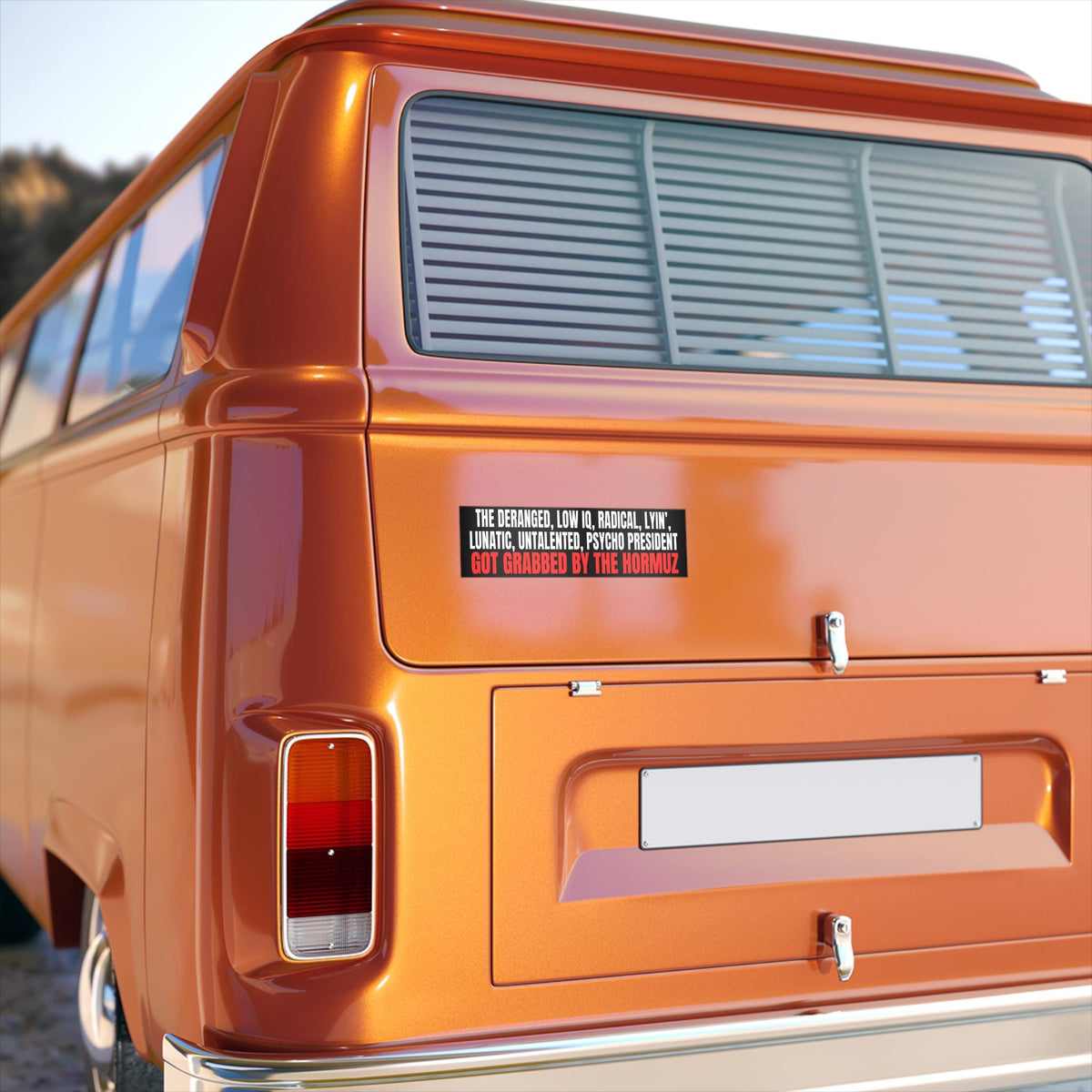 Orange van with bumper sticker reading "THE DERANGED, LOW IQ, RADICAL, LYIN&