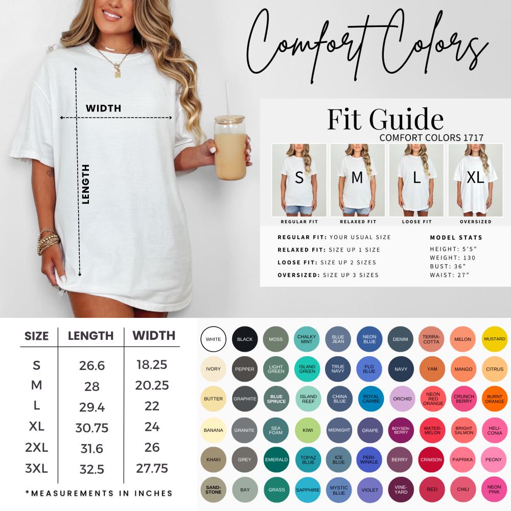 Comfort Colors T-shirt size chart with colors and model measurements.