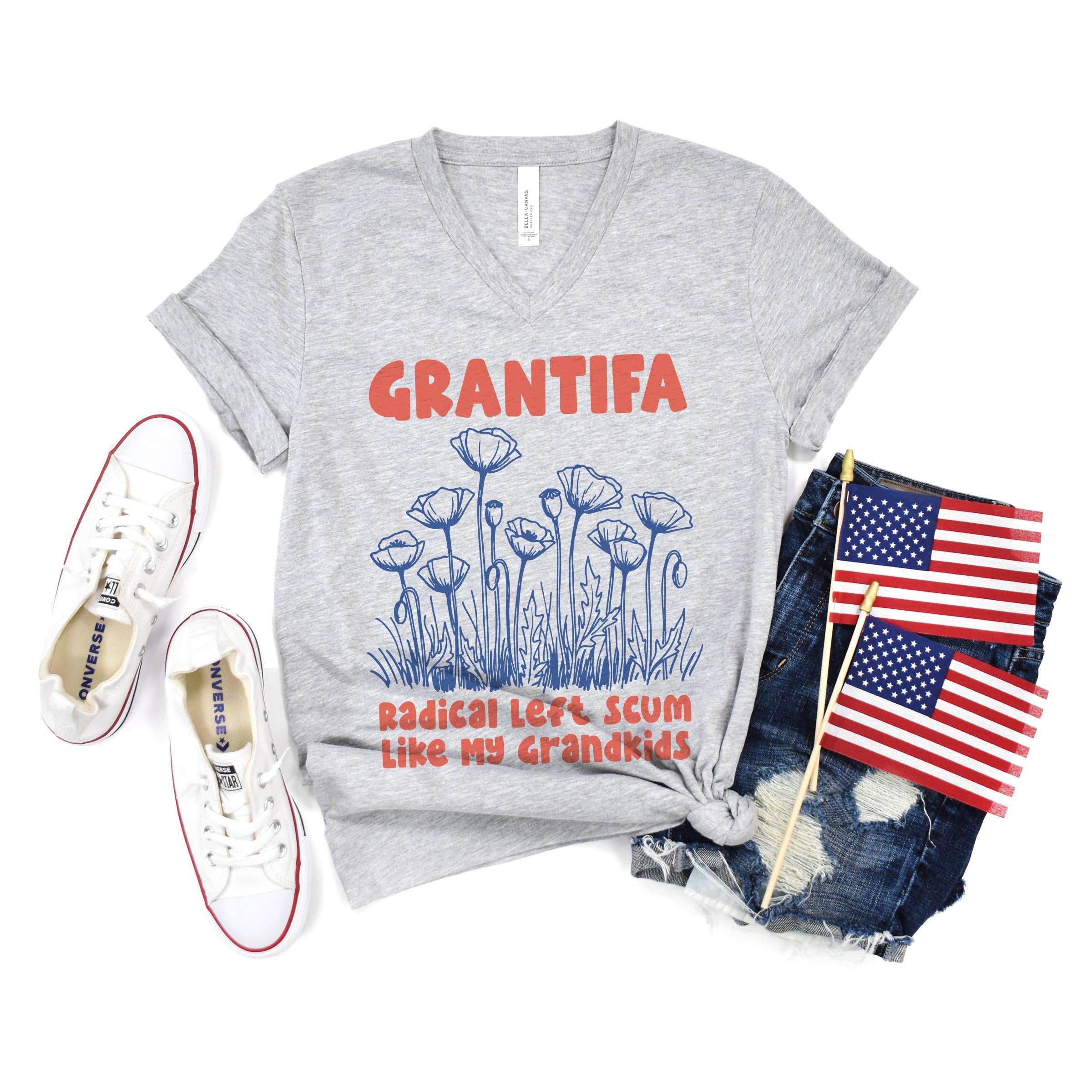 Gray t-shirt with "GRANTFA Radical Left scum Like my grandkids" and poppy design.