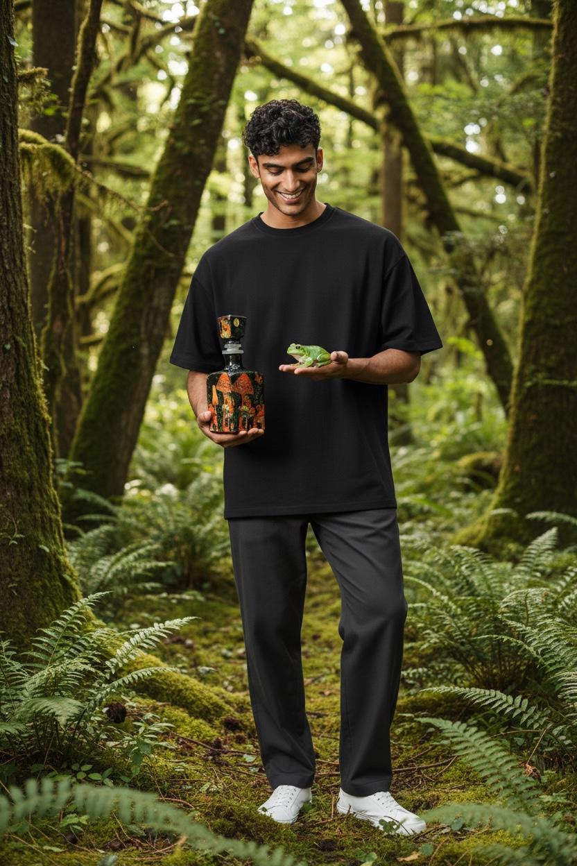 Mushroom Frog Decoupaged Tequila Bottle, Whimsical Forest Bar Decor (750ml)